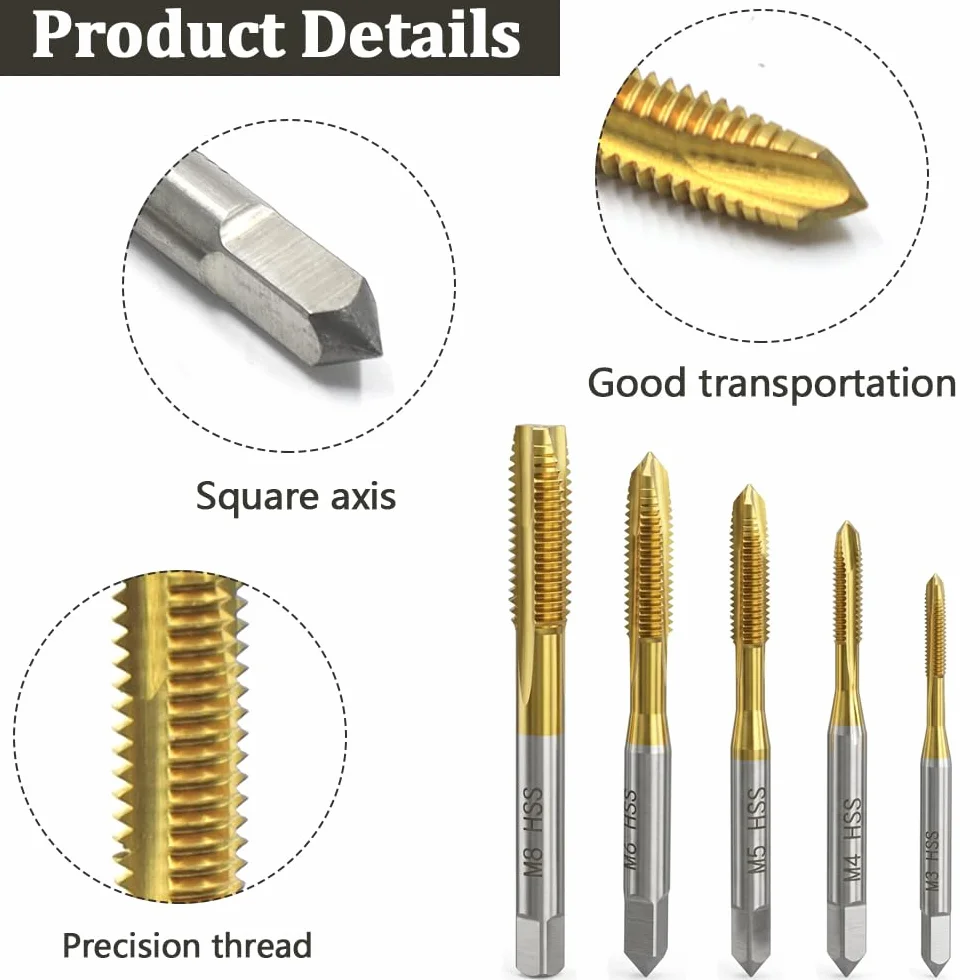 Maschi per Filettatura M3-M8 Titanio Rivestito HSS Strumenti per Maschiatura, 5 Pezzi