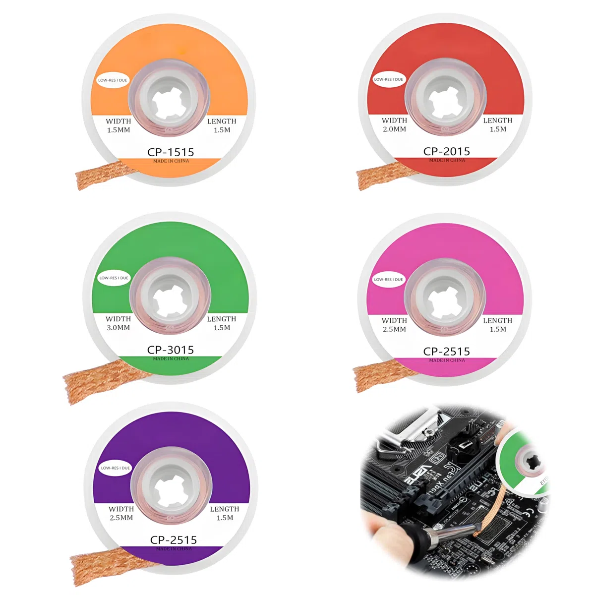 Set di 5 trecce dissaldanti, treccia dissaldante in rame, treccia dissaldante no-clean, utensile per saldatura, larghezze 1,5 mm, 2 mm, 2,5 mm, 3 mm, 3,5 mm, ideale per dissaldare e rimuovere la salda