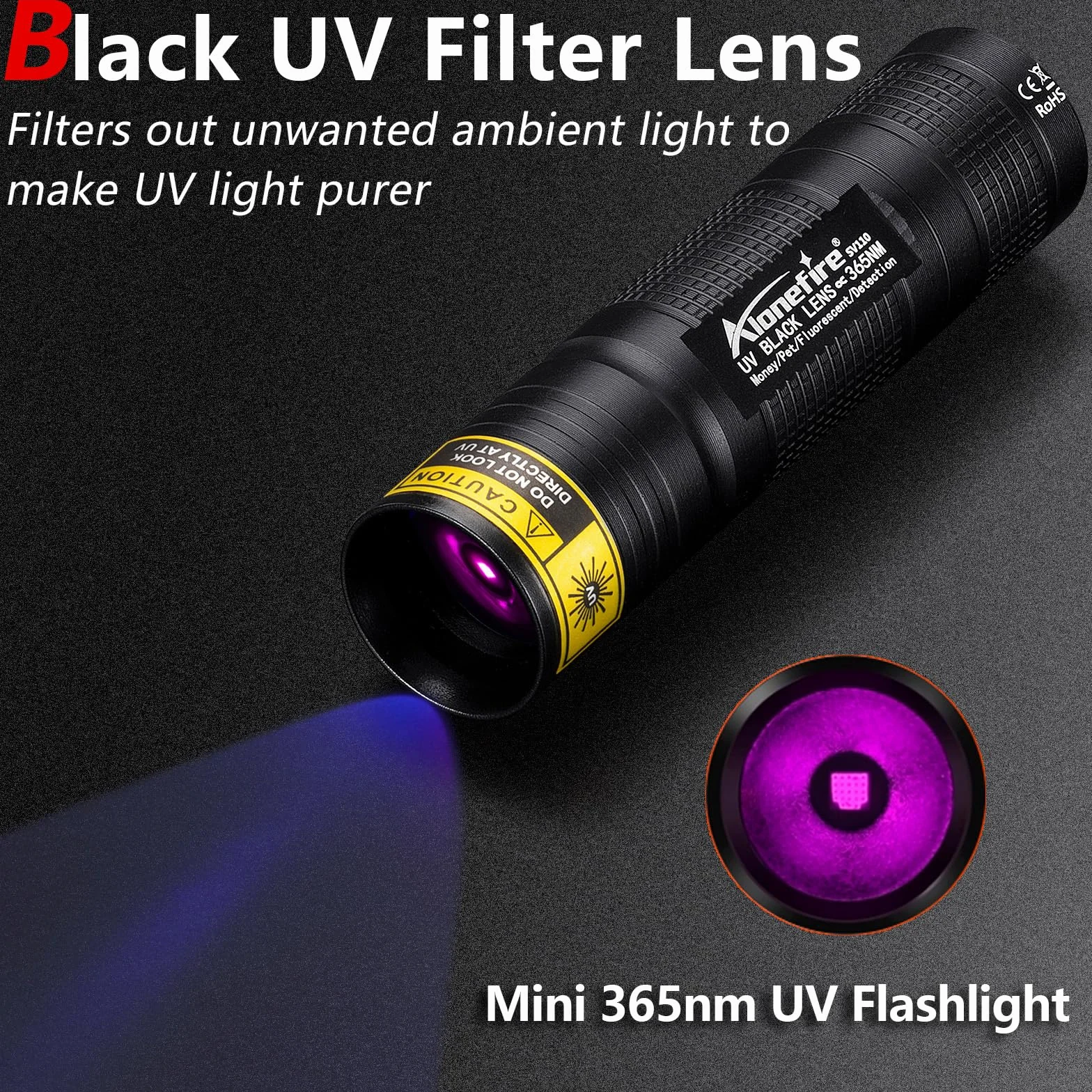 Alonefire SV110 Torcia UV LED Piccolo Professionale 365nm USB C Ricaricabile Mini Lampada Ultravioletti per Resina, Pesca, Fluoresceina, Rilevatore di Urina,Minerali con Batteria Incorporata