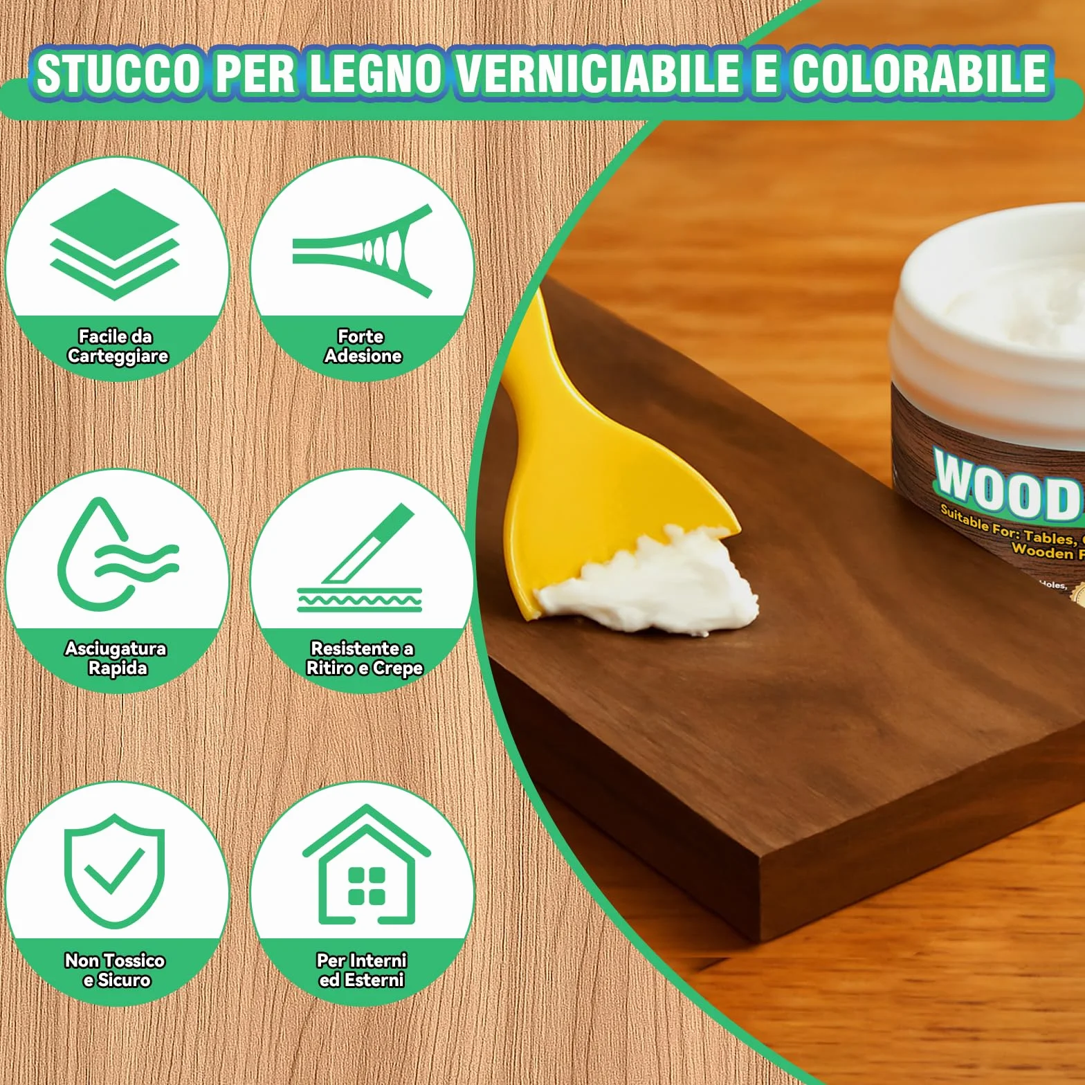 Stucco per Legno Riempitivo, Kit Universale Stucco Legno Bianco per Mobili e Pavimenti, Formula Rapida, Carteggiabile e Verniciabile per Riparare Crepe, Buchi e Difetti su Legno (250g)