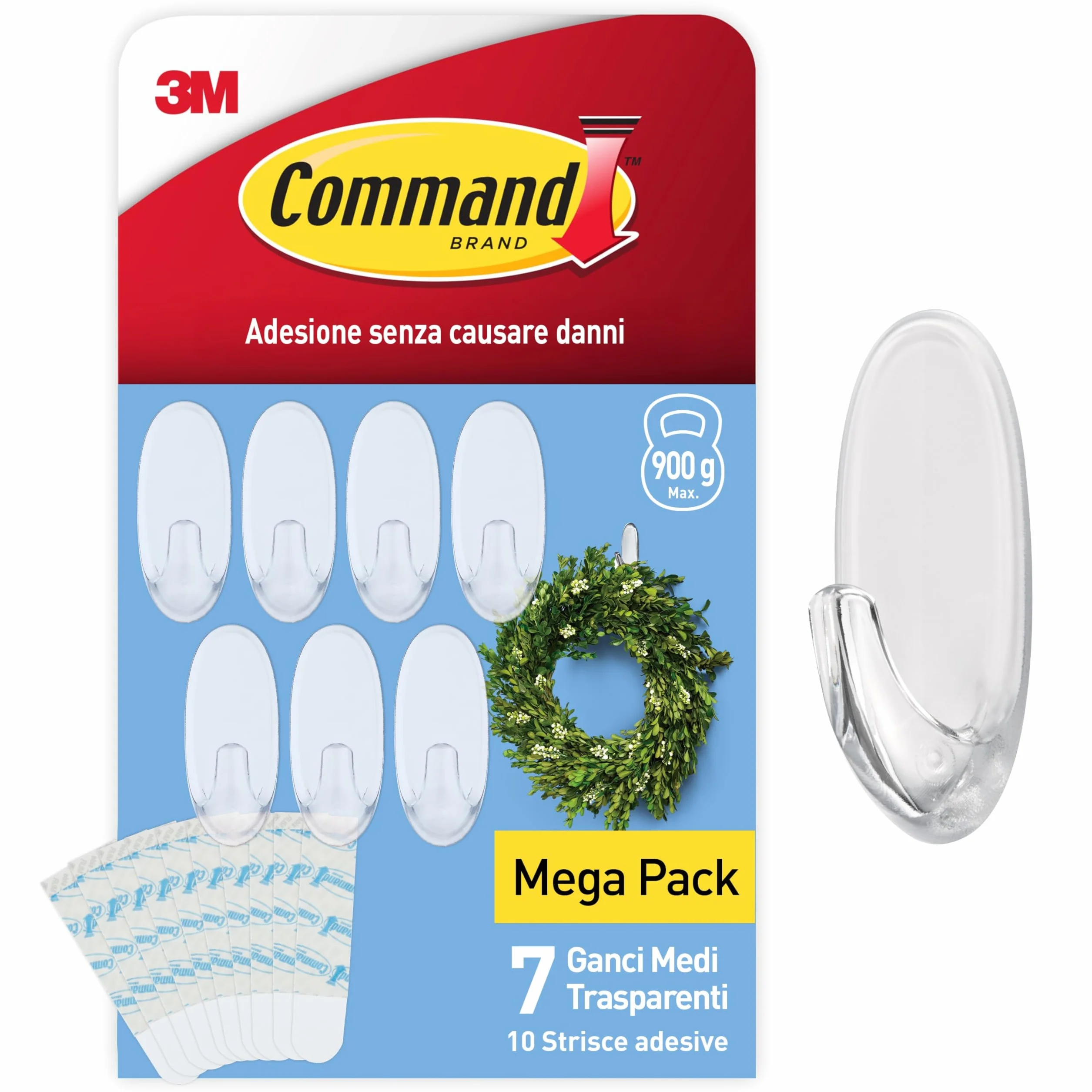 Command Ganci ovali trasparenti medi con linguette trasparenti, set di 7 ganci e 10 linguette, per appendere e decorare senza rovinare