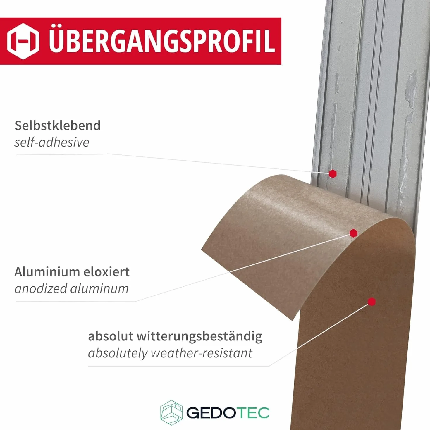 Gedotec Profilo di transizione autoadesivo argento 1000 mm alluminio I Lunghezza 1 m, larghezza 37 mm I Made in Germany I Guida di transizione in alluminio anodizzato, listello di transizione senza