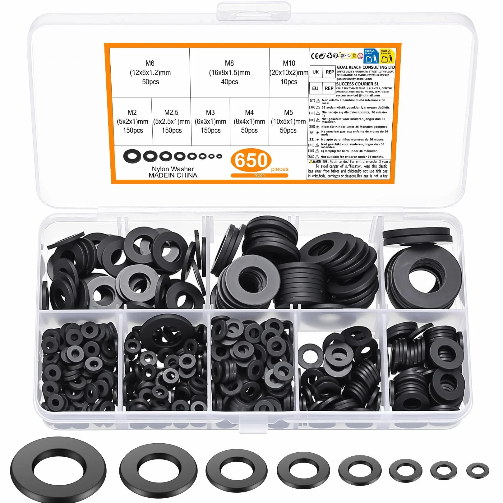 650 pz. Rondelle in nylon, rondelle piane in plastica per carrozzeria, rondelle di supporto rotonde, guarnizioni per viti isolanti - Nero, M2/M2.5/M3/M4/M5/M6/M8/M10