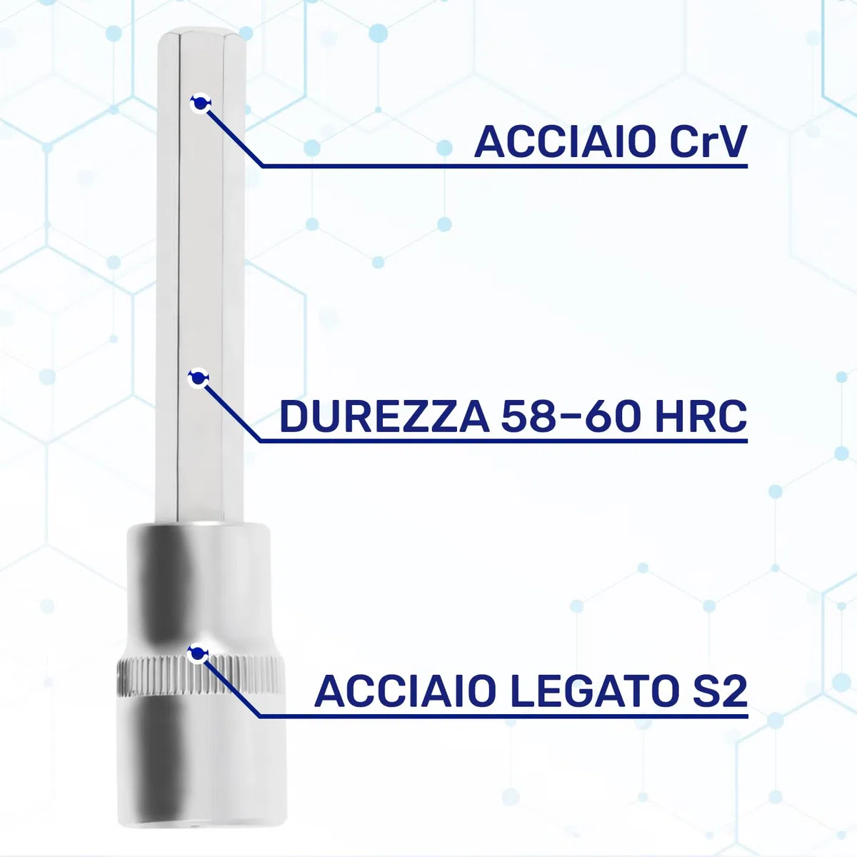 Chiave a Bussola con Inserto Esagonale 7 mm x 100 mm per Aree Difficilida - Chiavi Bussola 1/2" - Realizzata in Acciaio Cromo Vanadio - MONTERAL