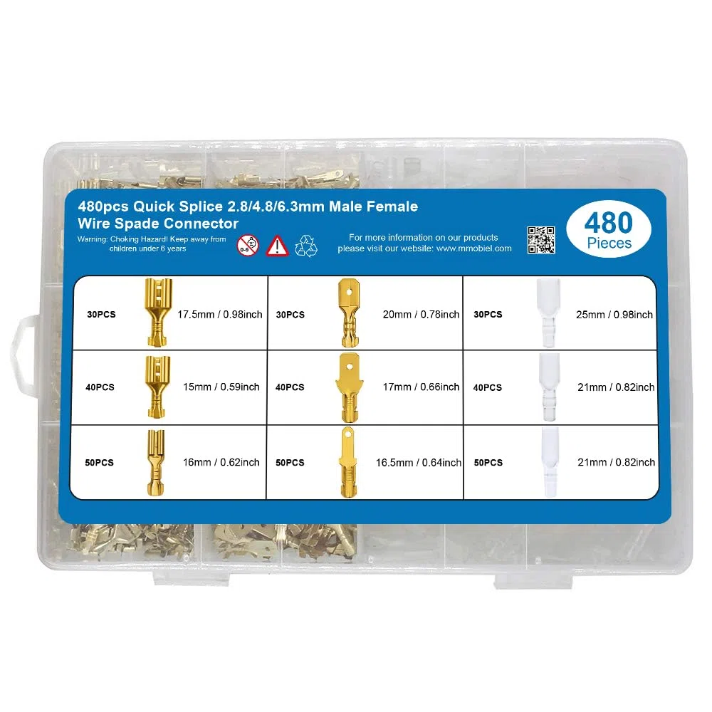 MMOBIEL 480 pz Assortimento di connettori a forcella Morsettiere a crimpare per cavi con guaine isolanti per cablaggio elettrico - 2,8 mm 4,8 mm 6,3 mm maschio e femmina - Oro