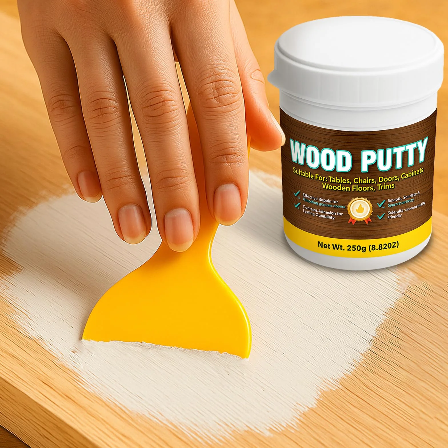 Stucco per Legno Riempitivo, Kit Universale Stucco Legno Bianco per Mobili e Pavimenti, Formula Rapida, Carteggiabile e Verniciabile per Riparare Crepe, Buchi e Difetti su Legno (250g)