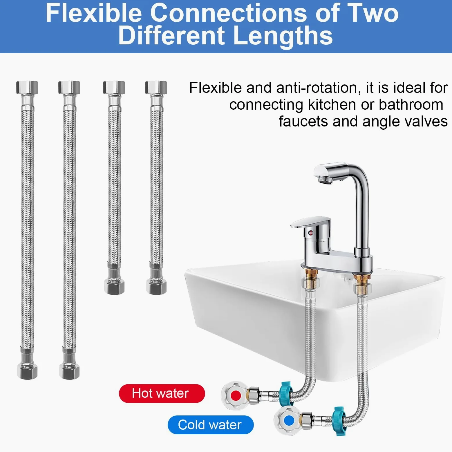 Tubo flessibile 3/8, 4 pezzi, tubo corazzato da 3/8 pollici, filettatura interna dell'acqua, prolunga 30 cm, 20 cm, tubo flessibile in acciaio inox, per rubinetto, bagno e WC