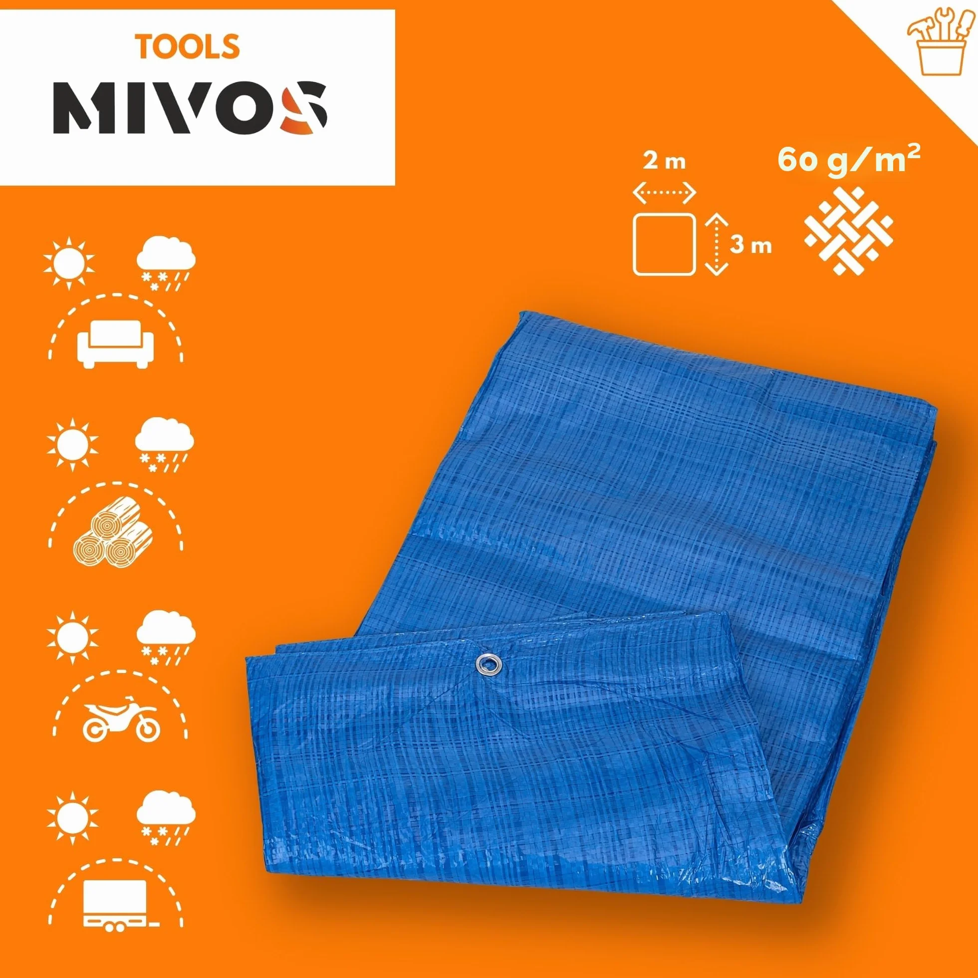 Mivos Telone di Copertura Universale 2 x 3 m - Blu - Impermeabile in tessuto 60 g/m² - Per Mobili da Giardino Legno - Antimuffa - Con Occhielli in Alluminio