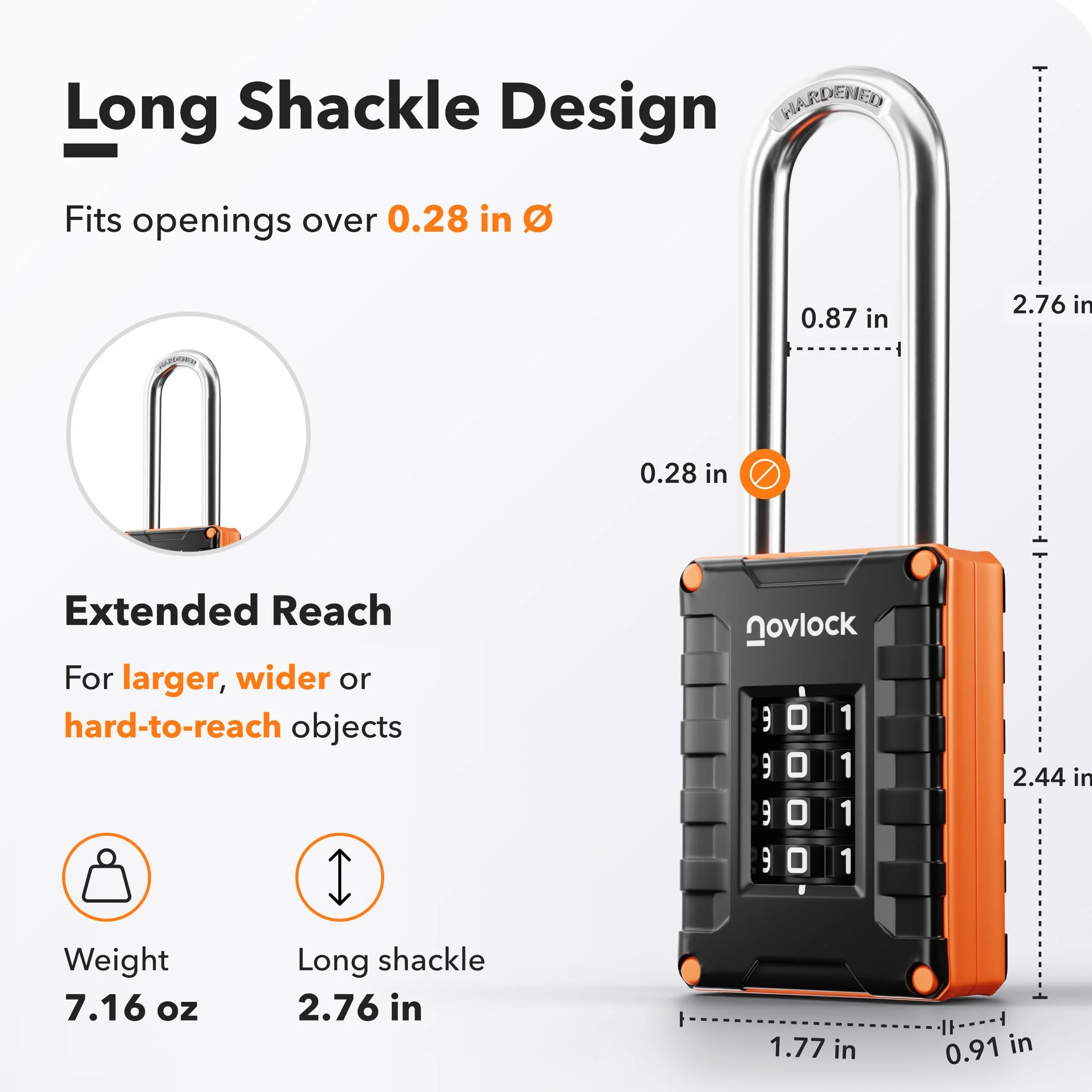 Lucchetto con combinazione arco extra lungo 7 cm – alta sicurezza, codice a 4 cifre, nero/arancione