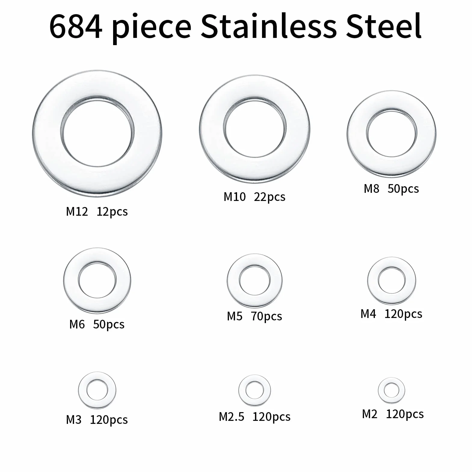 wugongshan 684 Pz Rondelle Piatte Set, Rondelle di Sicurezza in Acciaio Inox, Rondelle Alzaporta Rotonde per Riparazioni, Fabbrica, Impianti Idraulici - M2 M2.5 M3 M4 M5 M6 M8 M10 M12, 9 Dimensioni