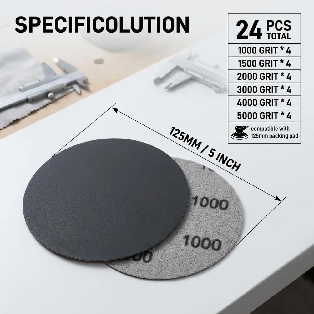 24 Pezzi Dischi Abrasivi 125mm 5 Pollici, Grana 1000/1500/2000/3000/4000/5000 Carta Vetrata Asciutti e Bagnati, Dischi per Levigatura Lucidatura Auto Metallo Legno
