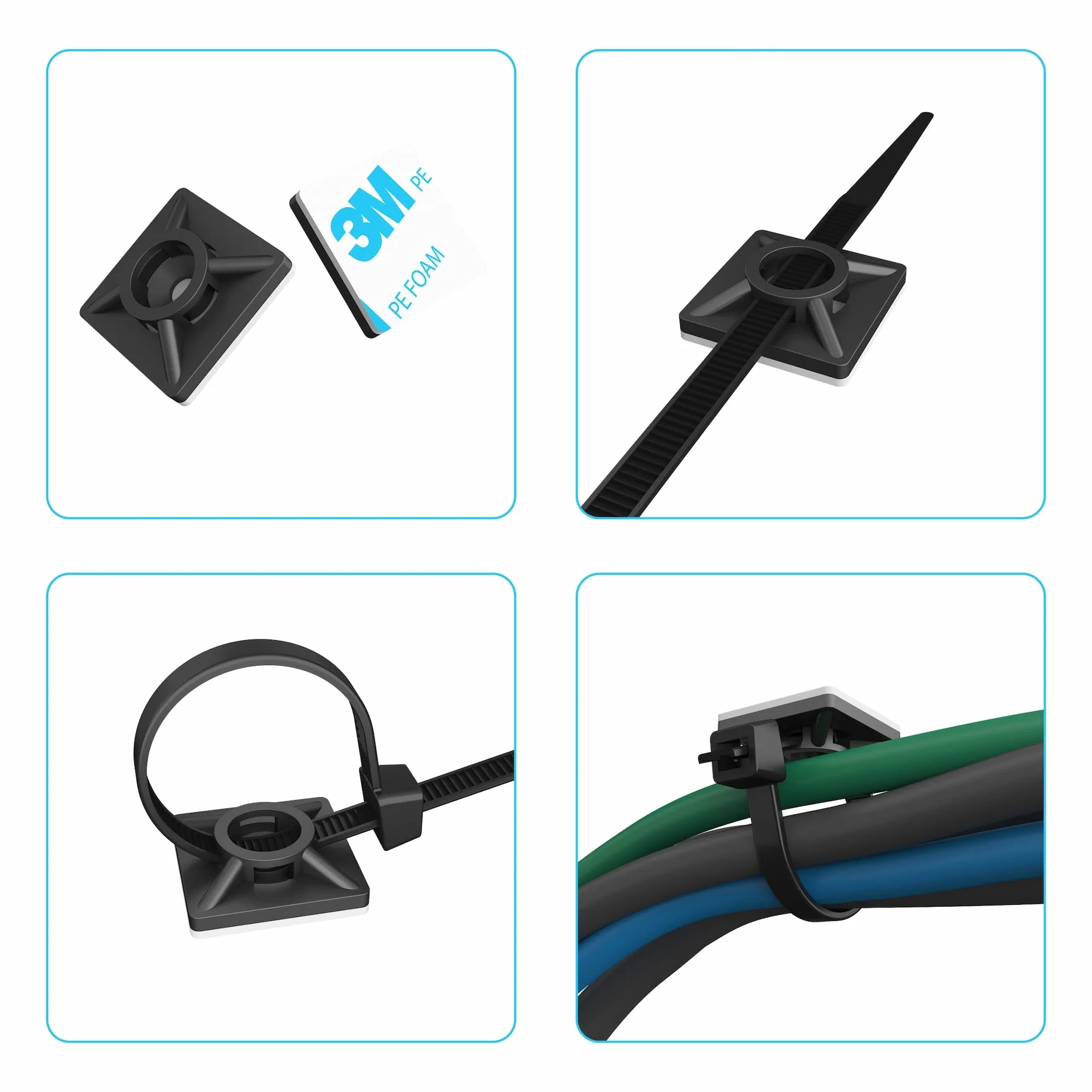 intervisio Fermacavo Autoadesivo / 100 Pezzi/Dimensioni 19mm x 19 mm/Nero/Supporto Autoadesivo per Fascette Stringicavo/Fermacavi Adesivi (100)