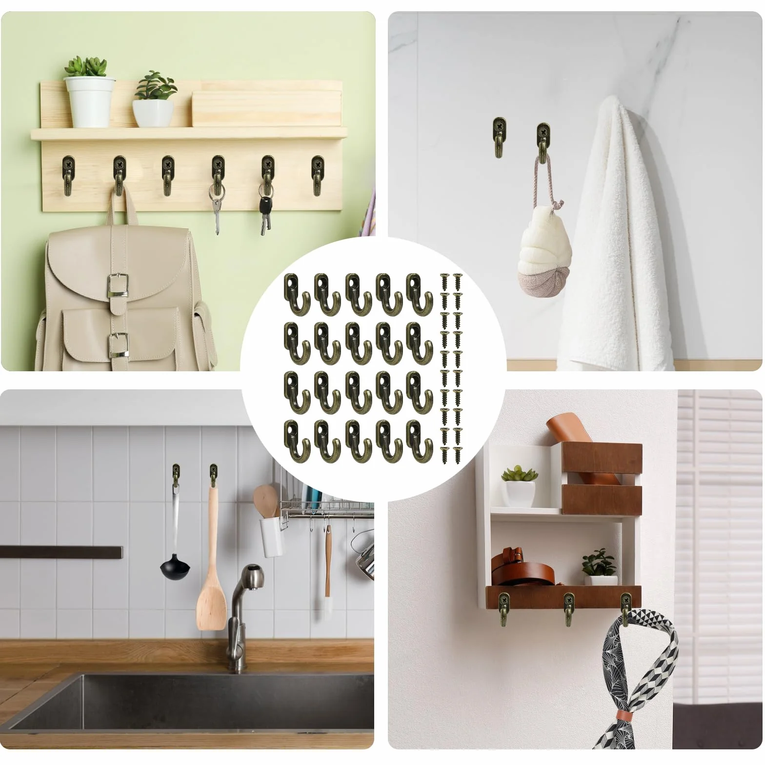 Piccoli ganci da avvitare in bronzo, 20 pezzi, ganci a vite, piccoli ganci per viti, ganci decorativi da parete per avvitare, gancio per portachiavi, gancio per porta, cucina, corridoio, ufficio