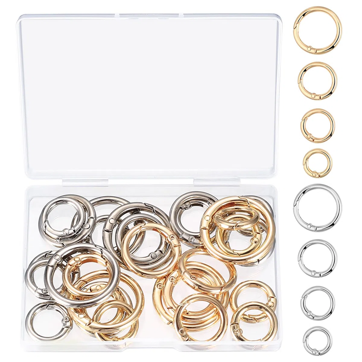 30 Pz Scatto Molla Rotonda Multi-misura, Moschettoni per Borse a Innesco Gancio, Accessori Anelli per Borse Uncinetto, Anello Portachiavi a Molla per Zaini Bagagli Cinghie Artigianato, Oro/Argento