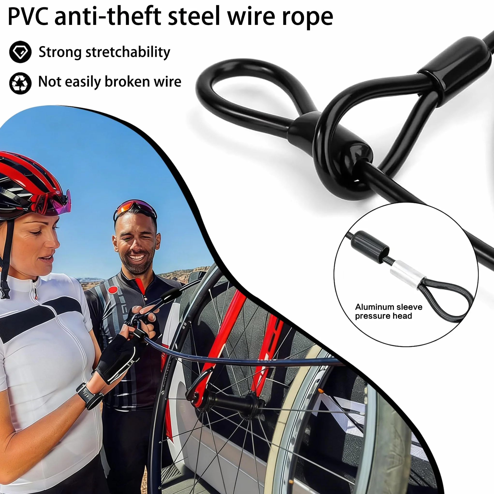 Cavo in acciaio con occhiello 2M x 5mm per lucchetto da bicicletta, rimorchio, nero
