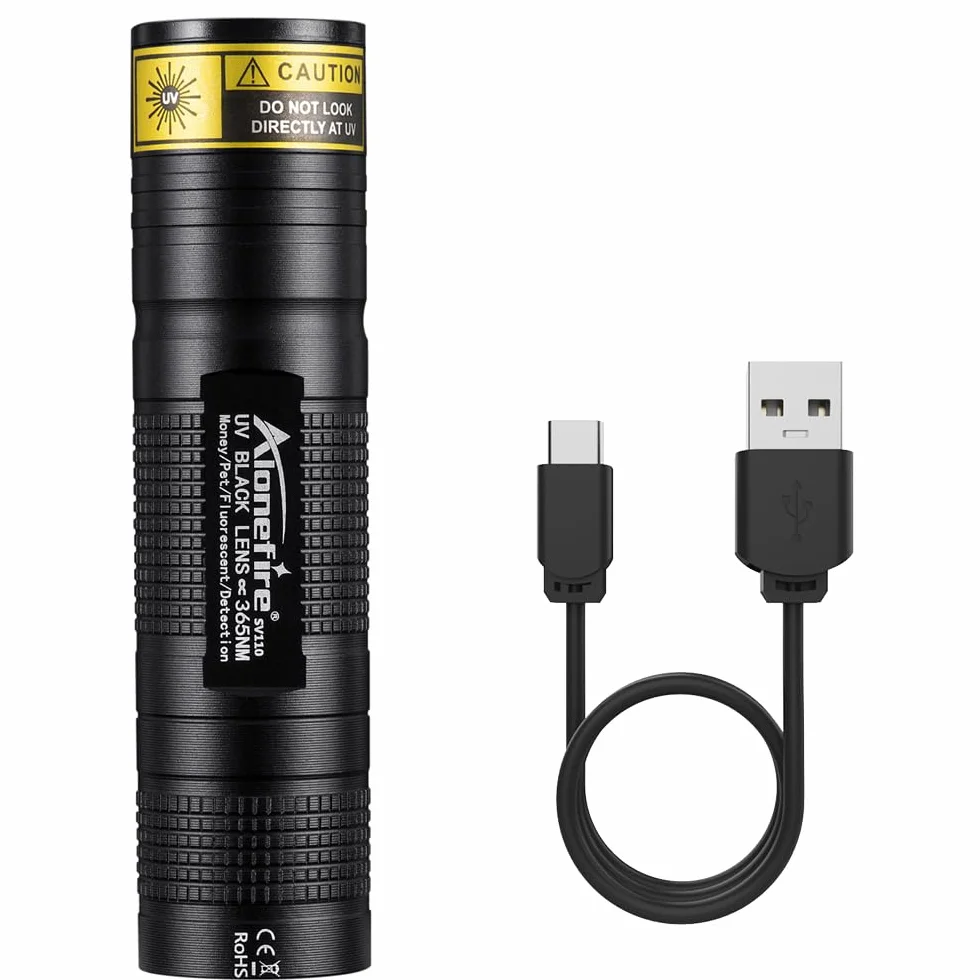 Alonefire SV110 Torcia UV LED Piccolo Professionale 365nm USB C Ricaricabile Mini Lampada Ultravioletti per Resina, Pesca, Fluoresceina, Rilevatore di Urina,Minerali con Batteria Incorporata