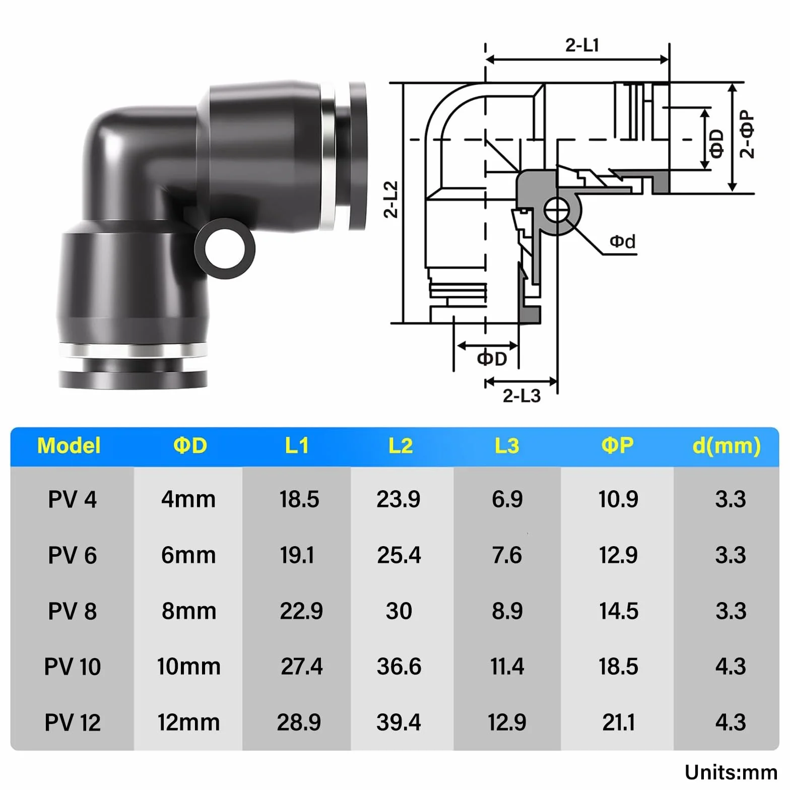 TAILONZ PNEUMATIC Gomito nero 6 mm OD per il collegamento di raccordi per tubi Tenuta a pressione PV6 (confezione da 10)
