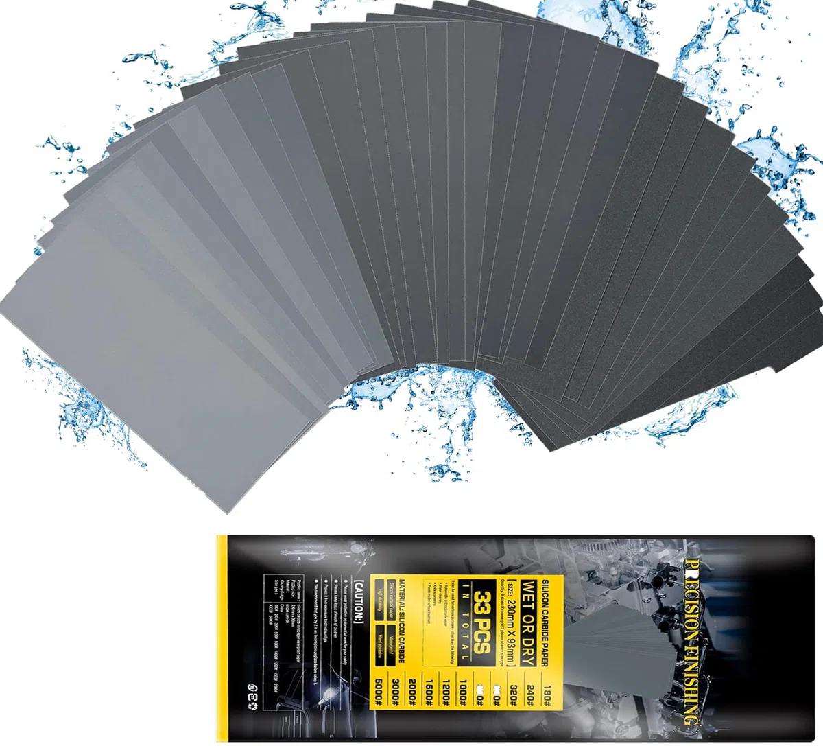 Carta abrasiva 5000/3000/2000/1500/1200/1000/800/600/320/240/180, set di carta abrasiva a grana fine, 33 pezzi, carta abrasiva per uso a secco e a umido, 23 x 9,5 cm