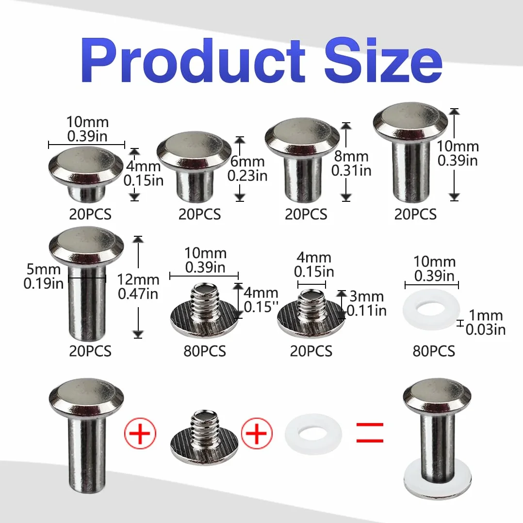 Rivetti Chicago M5 4-12mm Viti Chicago Screws Argento Metallo per Borse