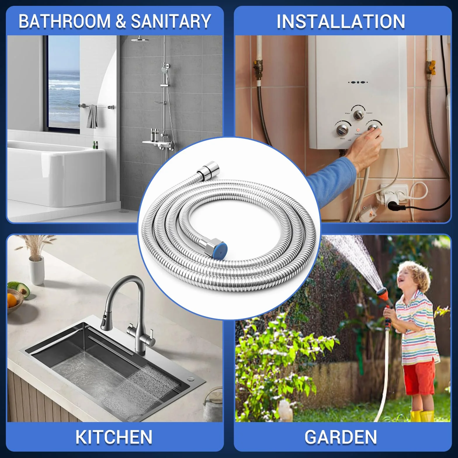 Tubo Doccia - Flessibile Doccia Tubo Doccia Flessibile 2 metri in Acciaio inox con protezione antitorsione attacco standard tubo ad pressione anti perdite adatto a tutti i soffioni doccia(Argento)