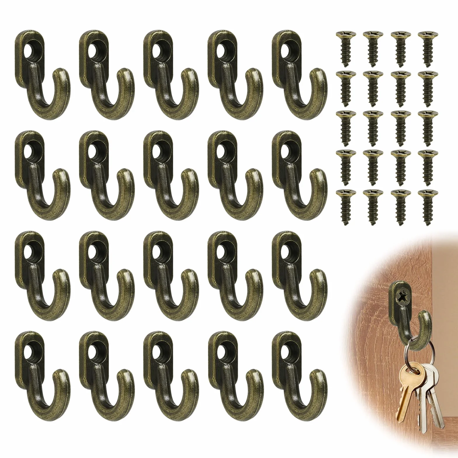 Piccoli ganci da avvitare in bronzo, 20 pezzi, ganci a vite, piccoli ganci per viti, ganci decorativi da parete per avvitare, gancio per portachiavi, gancio per porta, cucina, corridoio, ufficio