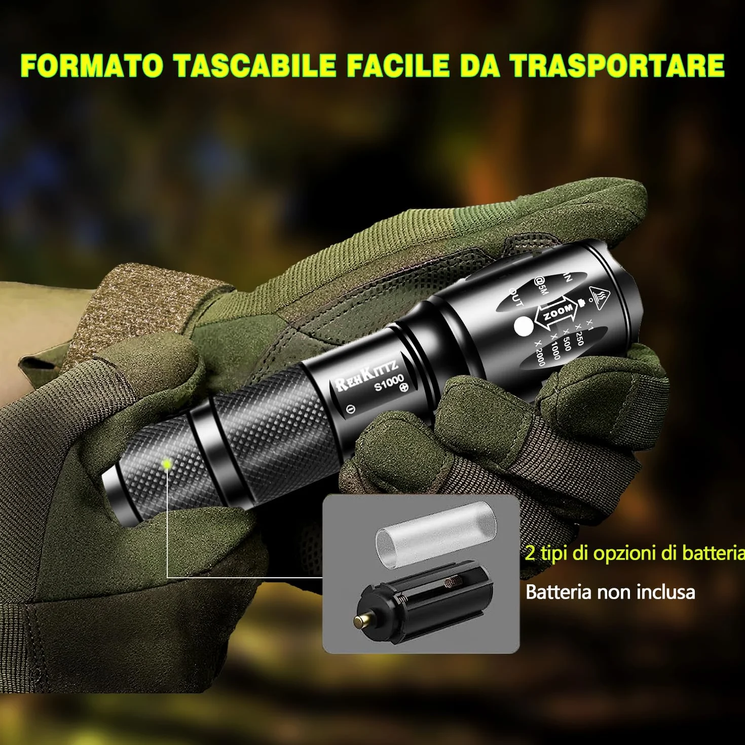 REHKITTZ Torcia Super Luminosa Portatile LED (Confezione da 2), 2000 Lumen Torcia Elettrica, Zoomabile,Formato Tascabile,Impermeabile IP44 e 5 Modalità Di Illuminazione
