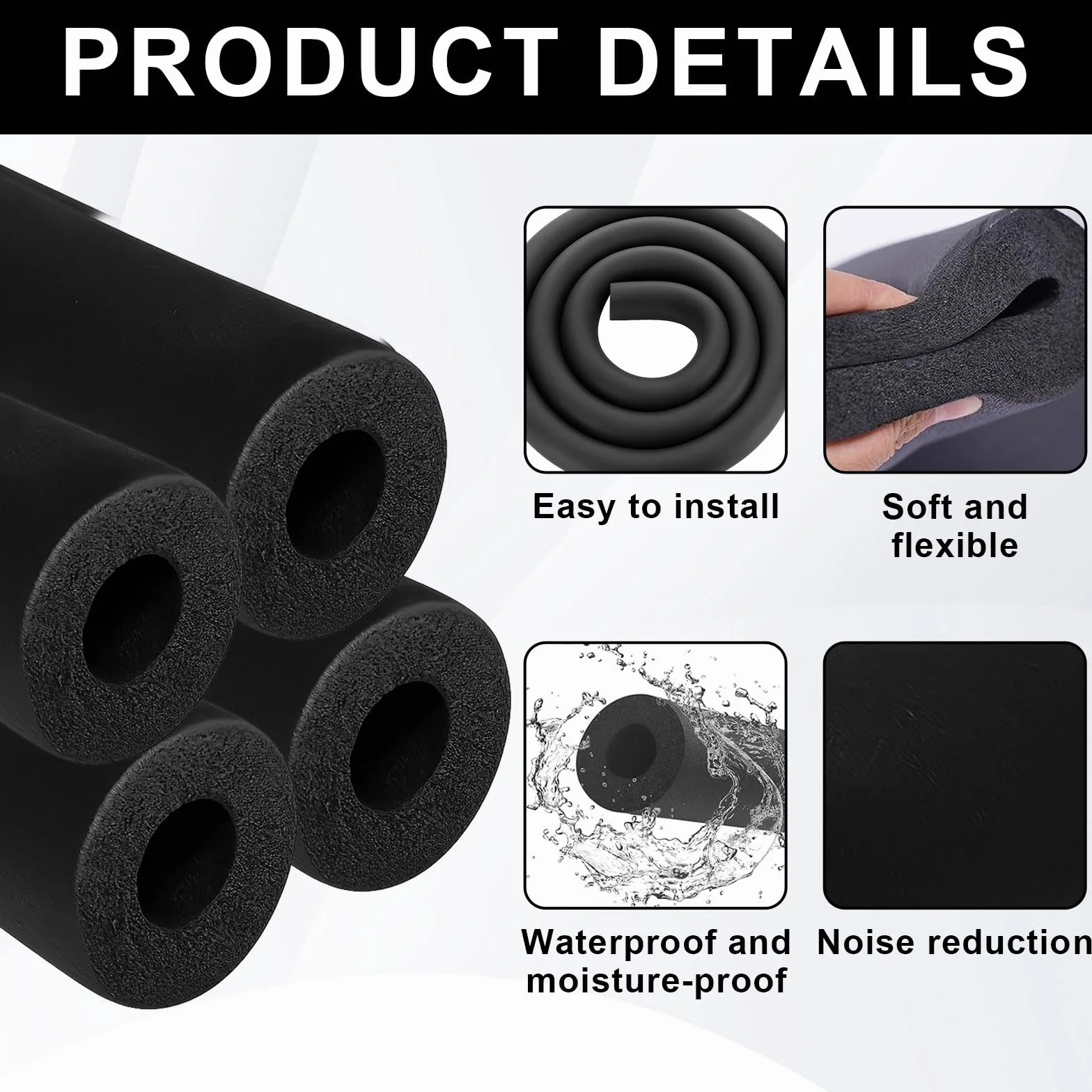 Tubo isolante in gommapiuma, diametro 9 mm, isolamento dei tubi, colore nero, per isolamento dei tubi, riscaldamento sanitario, tubo di rame 1,8 m