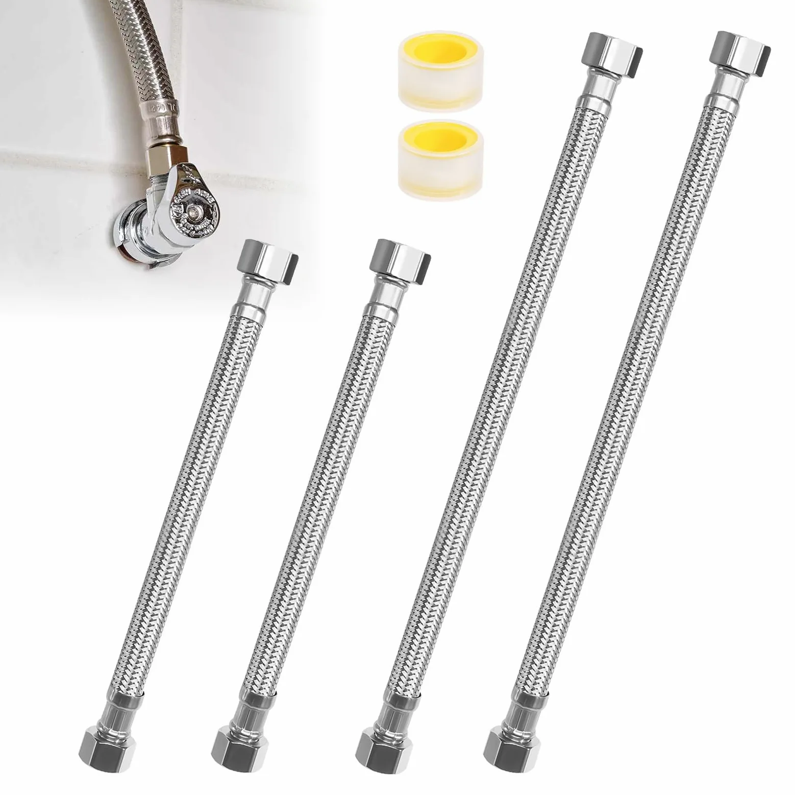 Tubo flessibile 3/8, 4 pezzi, tubo corazzato da 3/8 pollici, filettatura interna dell'acqua, prolunga 30 cm, 20 cm, tubo flessibile in acciaio inox, per rubinetto, bagno e WC