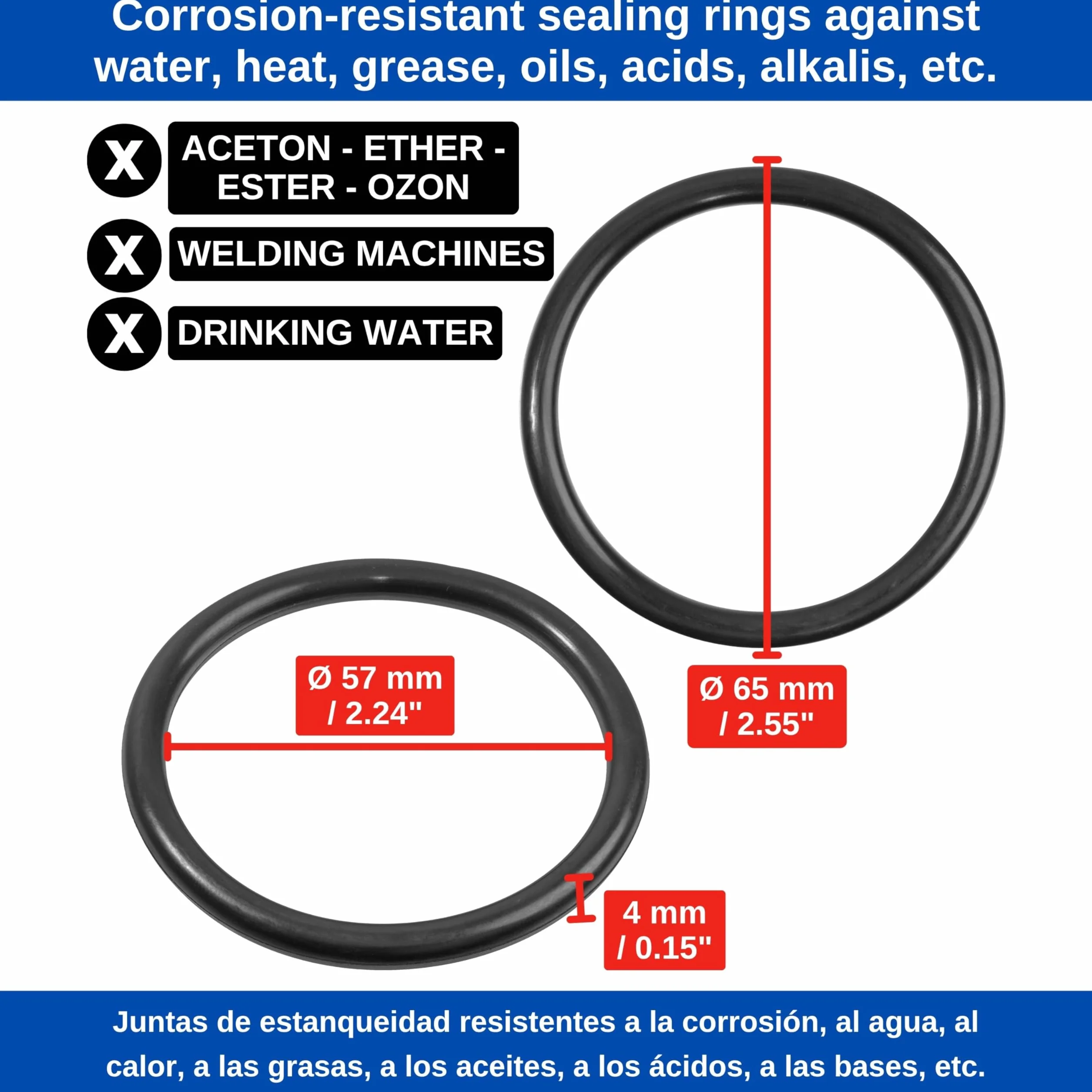 Set di anelli di tenuta, 12 pz, DE Ø 65 mm, DI Ø 57 mm, spessore 4 mm, in Nero, in gomma nitrilica, anelli in gomma per la riparazione di impianti idraulici, macchine, motori, guarnizione piatta
