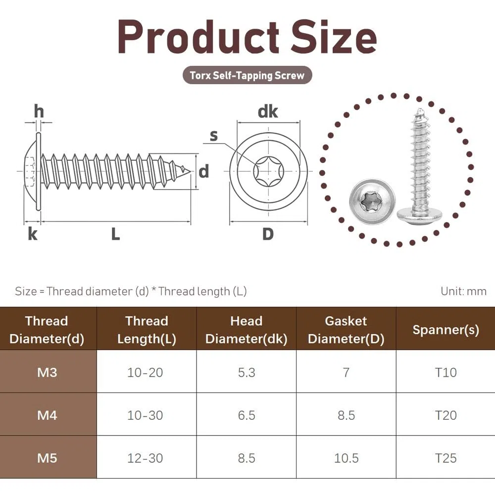 Torx Viti Autofilettanti - Acciaio Inox A2 V2A Viti per Legno a Testa Bombata con Rondella Filettatura Completa Metrica Argento, M4 x 10mm (20 Pezzi)