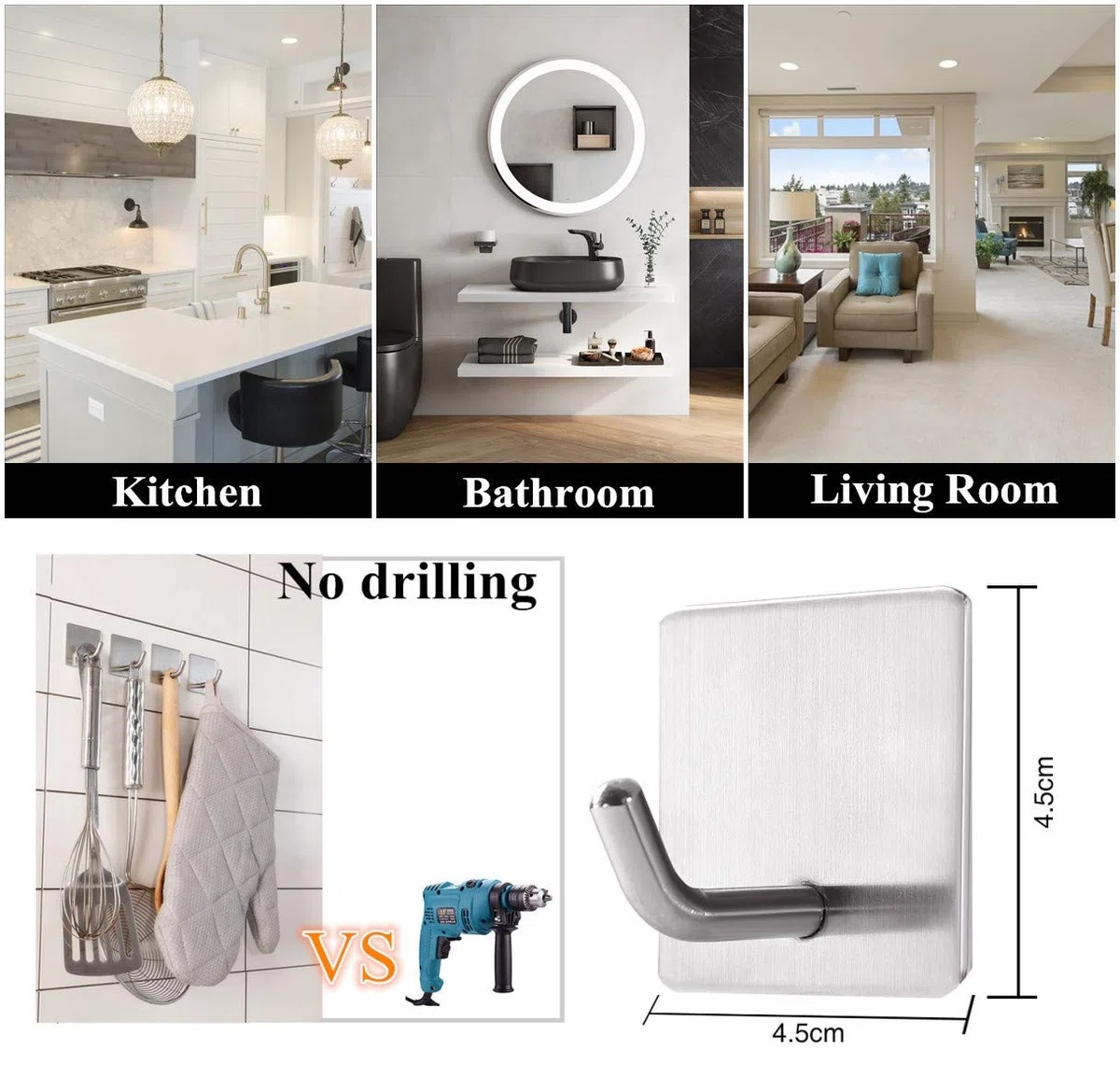 Vista Ganci Appendiabiti 4 Pezzi Adesivi in Acciaio Inox - Appendiabiti a Parete per Accappatoio, Asciugamani - Set di Ganci Quadri per Cucina e Bagno Accessori