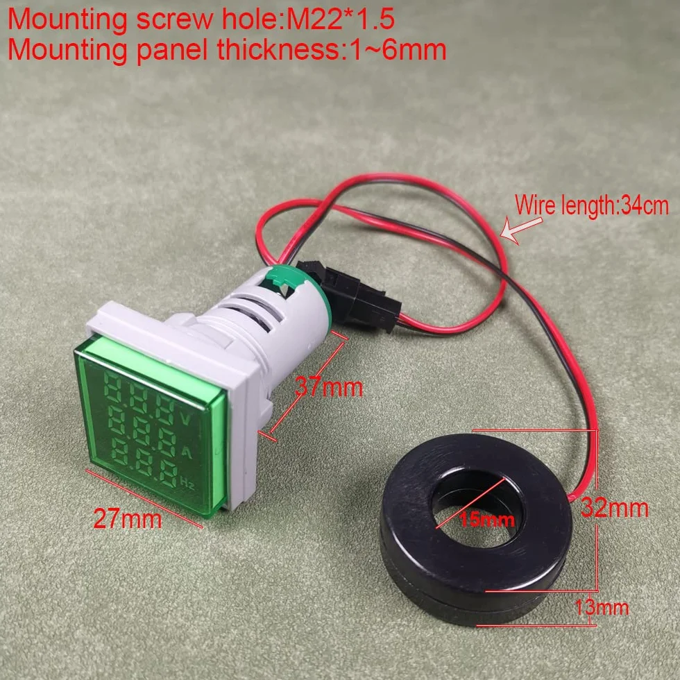 Gebildet Tester di Tensione di Corrente CA da 22mm con Display a LED a 3 cifre Voltmetro Multifunzione Amperometro Misuratore di Frequenza Multimetro AC 50-500V 0-100A 0-99Hz (Rosso, Quadrato)