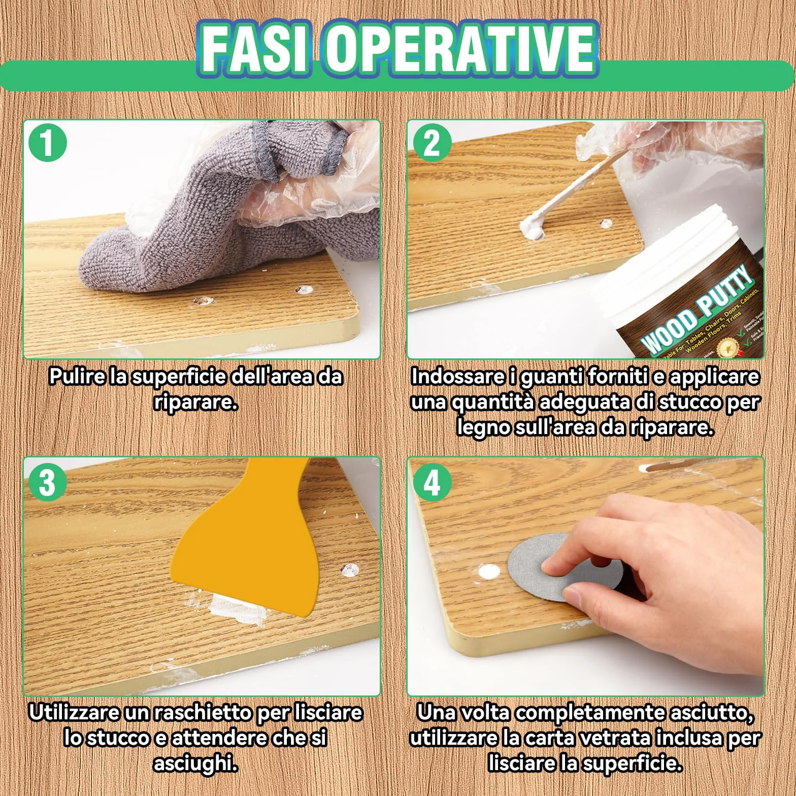Stucco per Legno Riempitivo, Kit Universale Stucco Legno Bianco per Mobili e Pavimenti, Formula Rapida, Carteggiabile e Verniciabile per Riparare Crepe, Buchi e Difetti su Legno (250g)