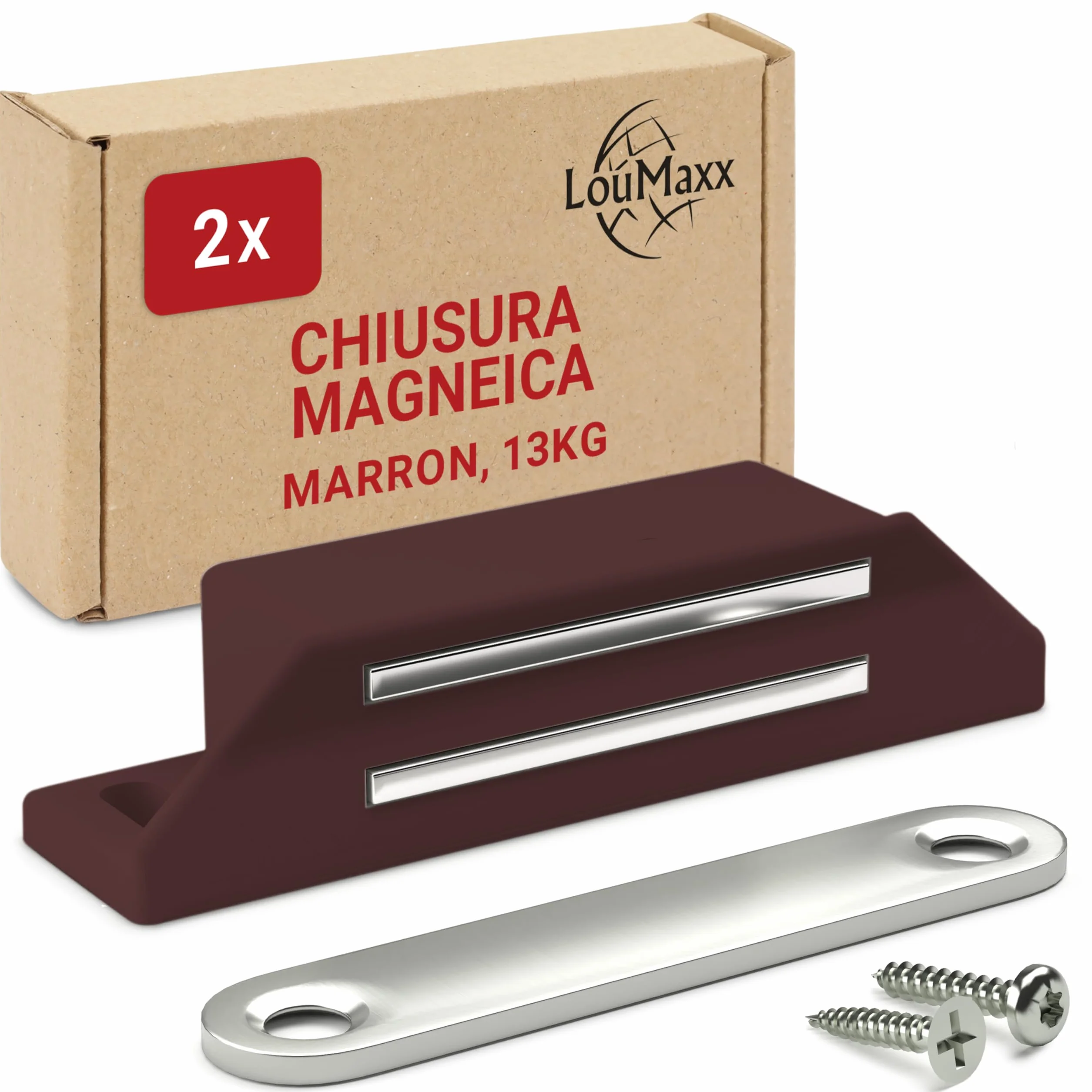 LouMaxx Chiusura Magnetica extra forte - Forza di Tenuta 13kg - Set di 2 Pezzi in Marrone - Magnete per Porte – Calamita Magnetica - Chiusura Magnetica per Armadi