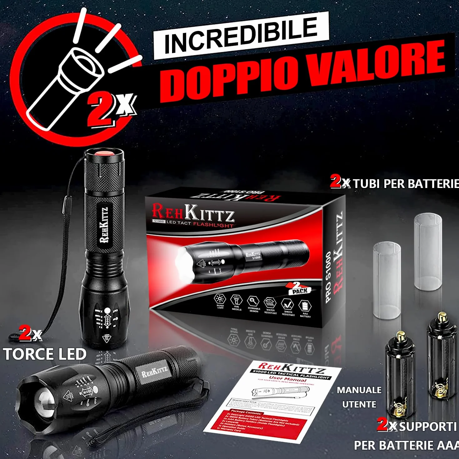 REHKITTZ Torcia Super Luminosa Portatile LED (Confezione da 2), 2000 Lumen Torcia Elettrica, Zoomabile,Formato Tascabile,Impermeabile IP44 e 5 Modalità Di Illuminazione