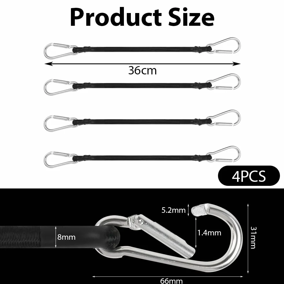 URAQT Corda elastica, 4 corde elastiche con moschettoni, tenditore elastico da 30 cm, trasporto in gomma elastica per valigie, ganci cinghia elastica per tendalini, teloni, campeggio, bagagli