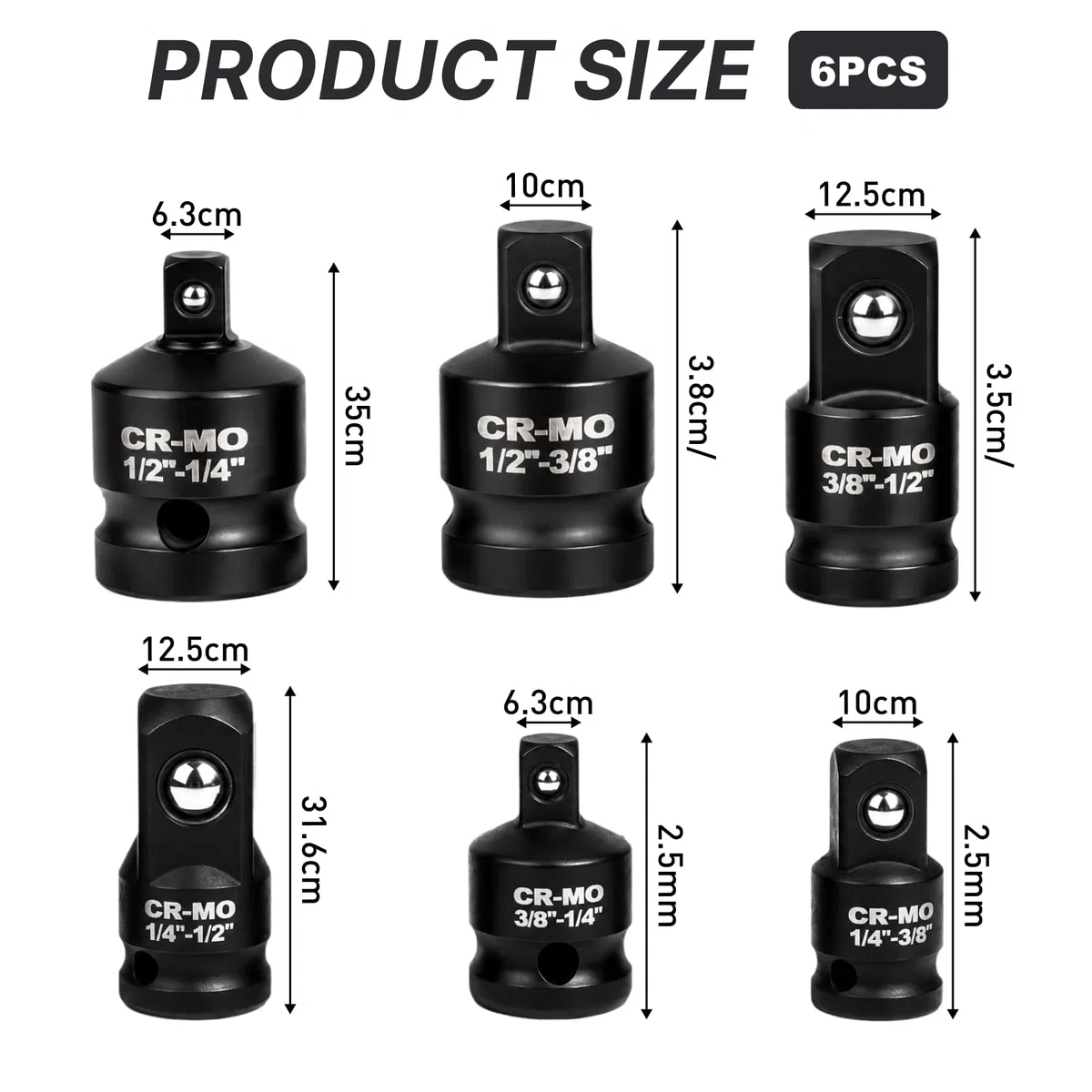 6 pezzi adattatore bussola, adattatore da 3/8 a 1/4, 1/2 a 3/8, 1/2 a 1/4, acciaio al cromo-molibdeno(CR-MO)(3/8 a 1/4, 1/2 a 3/8, 1/2 a 1/4)