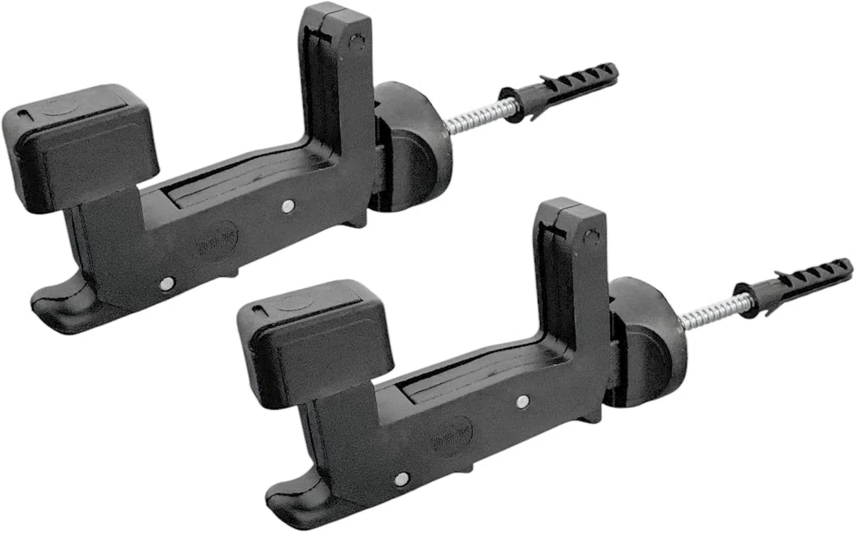 Kit 2 Pezzi Ferma Imposte Regolabile Tipo Grillo - Sistema Automatico di Ancoraggio per Infissi da 40-55 mm | Blocca Scuri e Persiane | Tasselli Integrati 6x70 mm, Nero e Bianco (Nero)