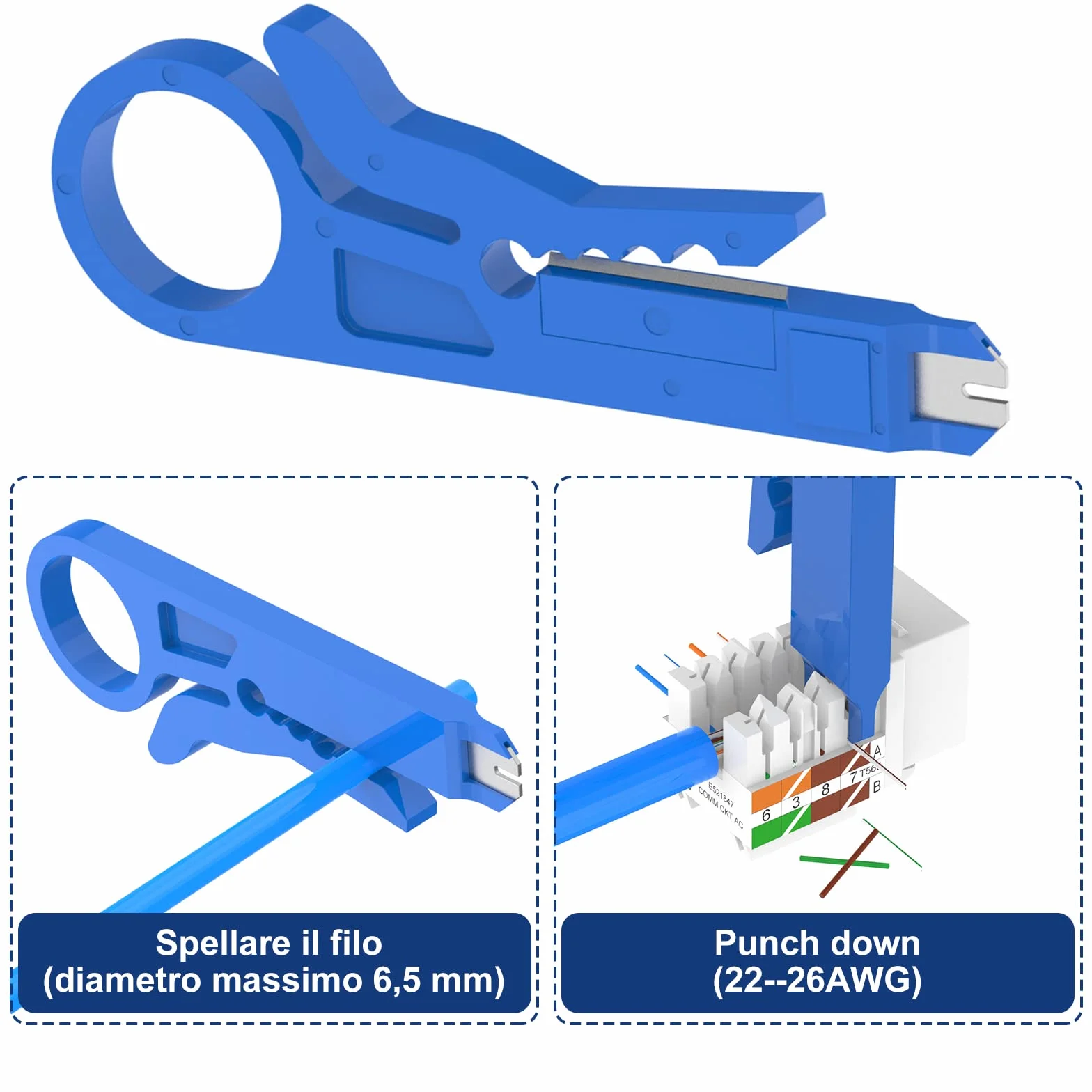 VCELINK Punch Down Attrezzo per Prese di Rete, Pinza Crimpatrice di Impatto con Tagliafili, Blu
