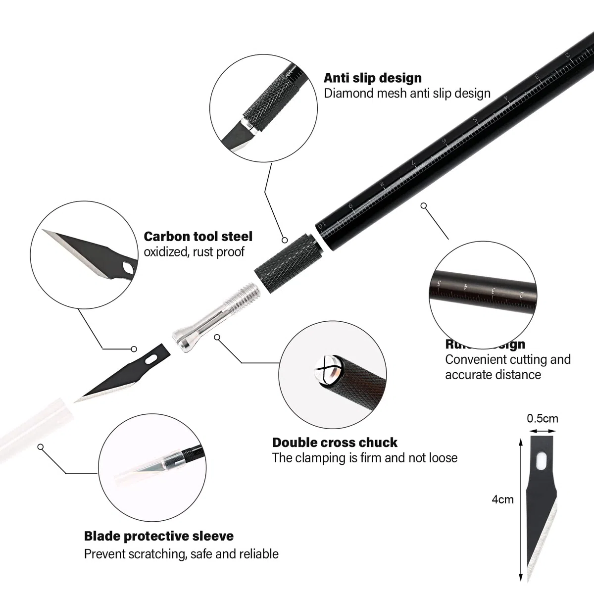 EHDIS Taglierino di precisione con 10 lame di olio antiruggine, Bisturi Modellismo, Cutter di Precisione con Scala, per Lavoro Artistico Fai Da Te Taglio, Scultura, Nero