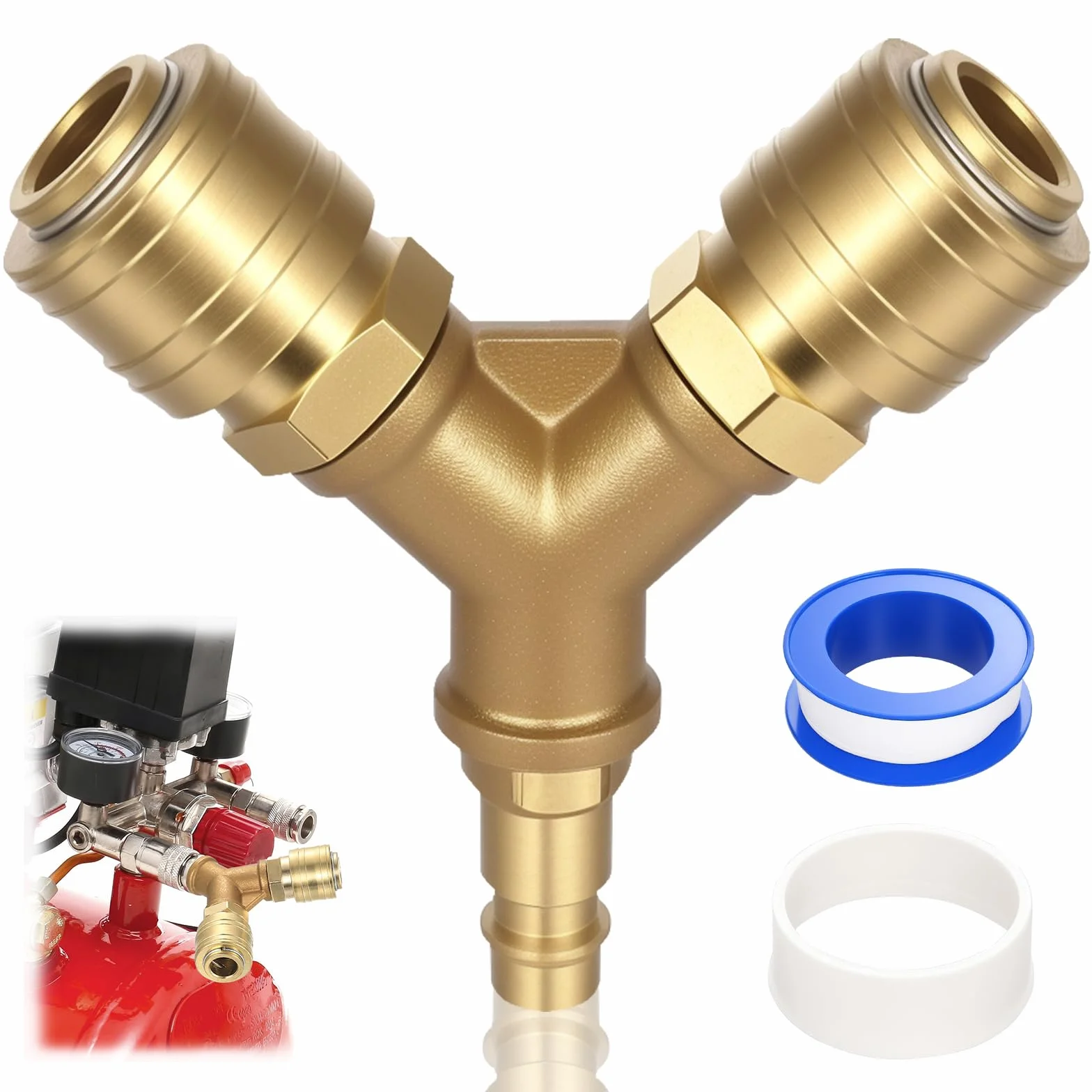 Collettore Aria da 1/4", Raccordi Aria Compressa, Raccordi Compressore Arias a 2 Vie, Collettore in ottone a 2 vie, Attacco rapido con filettatura maschio NW 7,2 da 1/4" a Y manuale