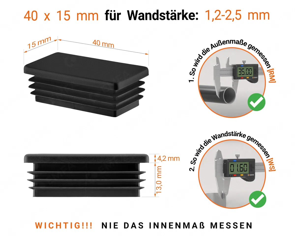 Tappi a Lamelle Rettangolari 40x15 mm in Plastica Nero - Tappo per Tubo per Mobili e Strutture in Ferro | Inserto Terminale – Set 10 Pezzi – 4x1,5 cm