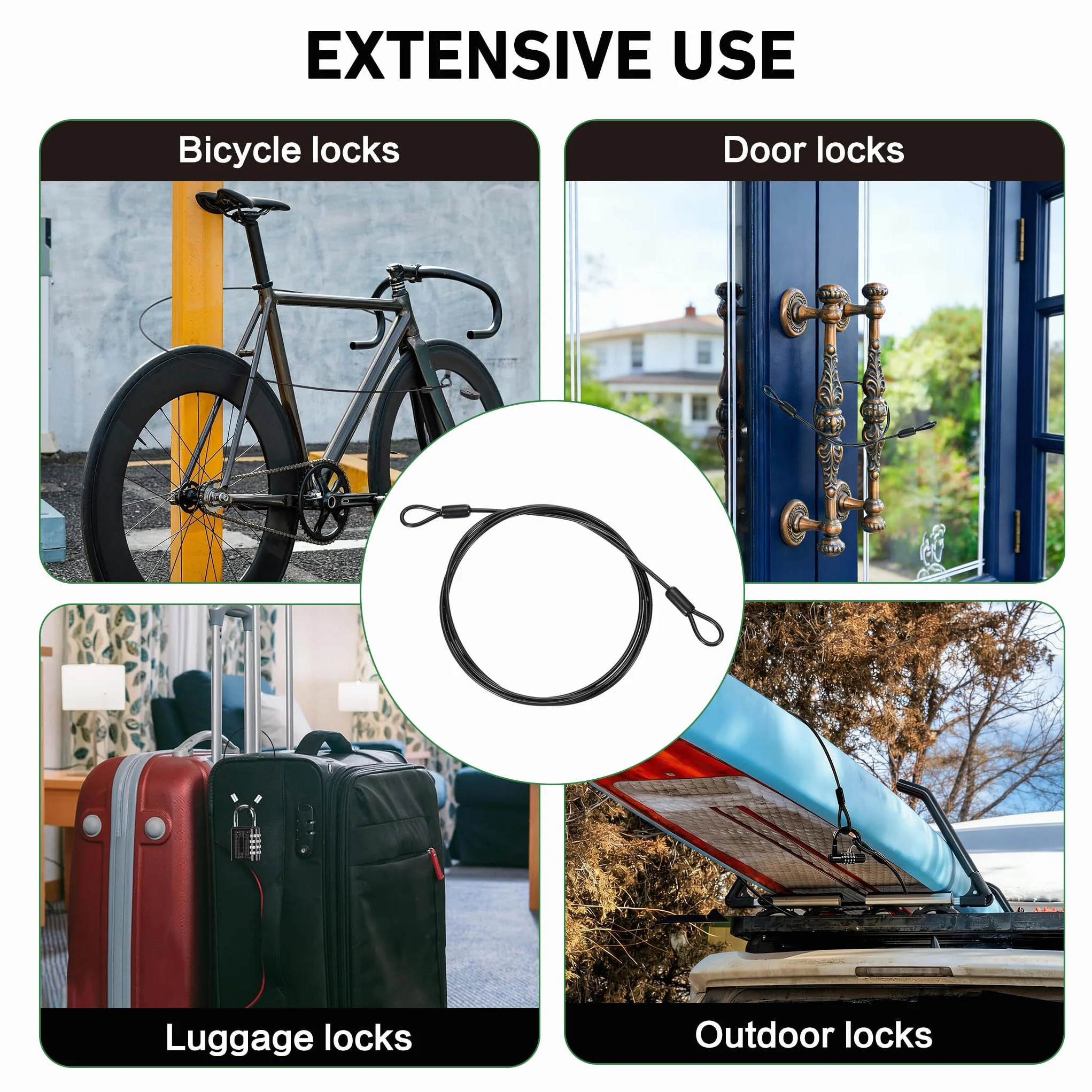 Cavo in acciaio con occhiello 2M x 5mm per lucchetto da bicicletta, rimorchio, nero