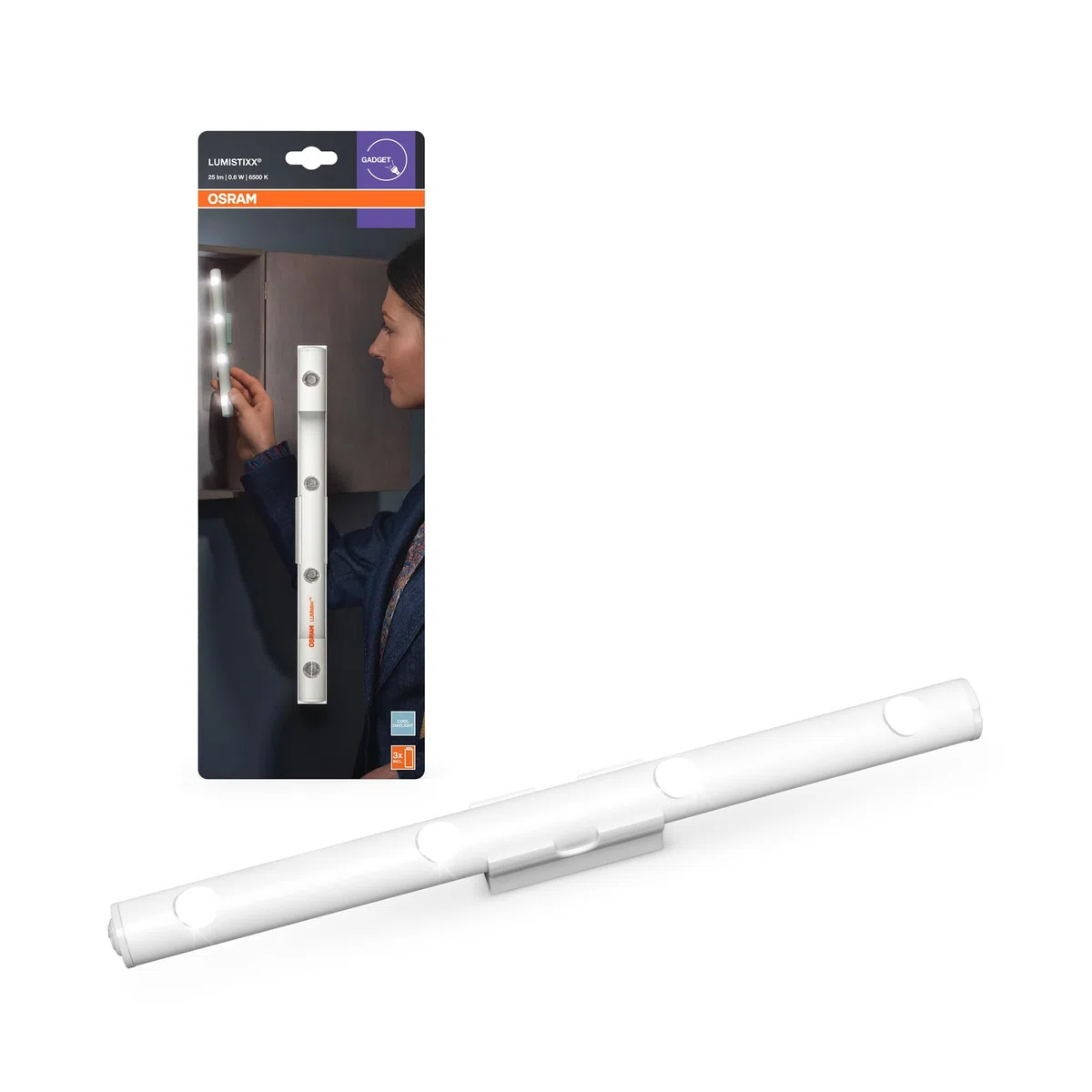OSRAM LUMIstixx, luce LED, bianca, 100 lm, 4000K, a batteria, attacco magnetico, montaggio adesivo, compatta per uso interno