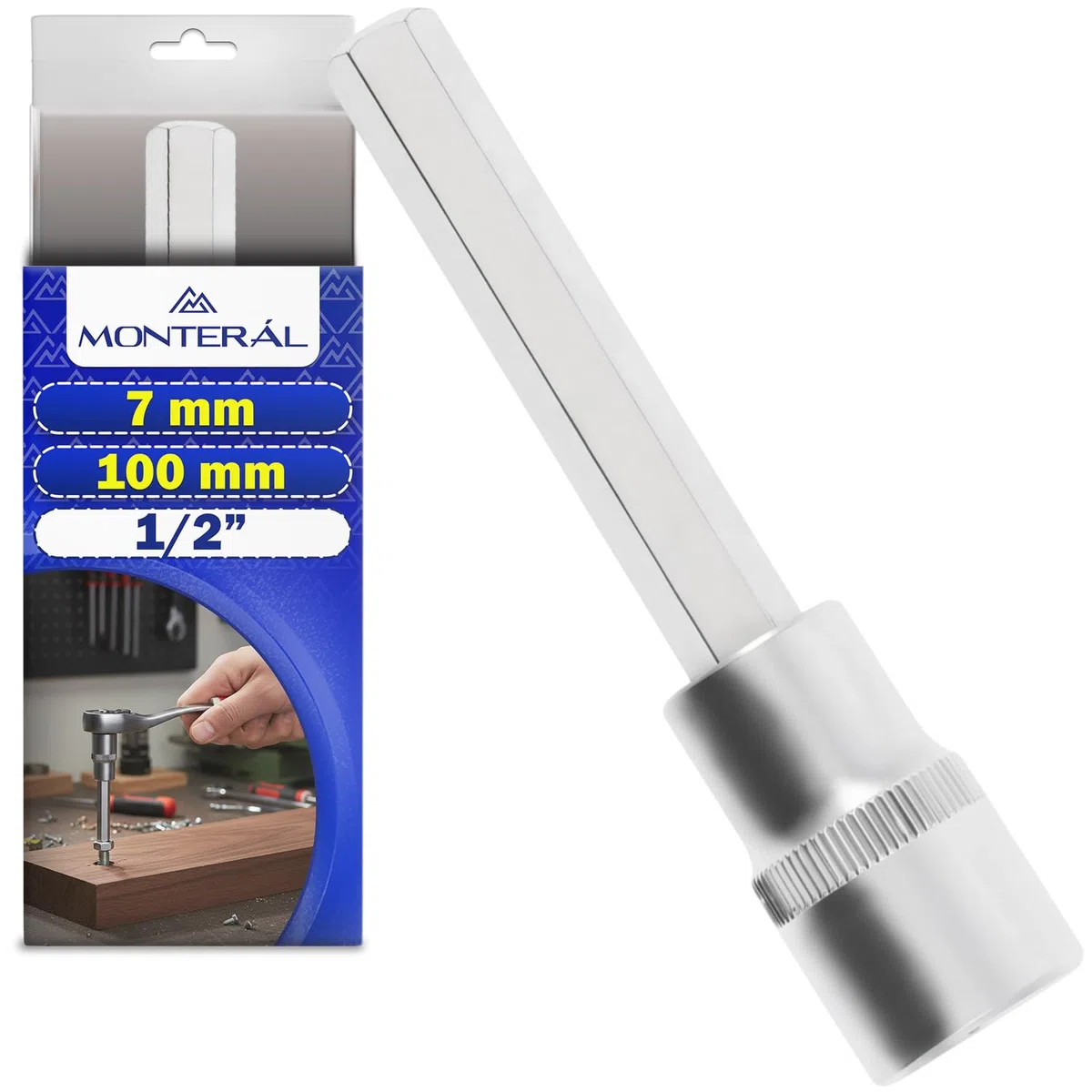 Chiave a Bussola con Inserto Esagonale 7 mm x 100 mm per Aree Difficilida - Chiavi Bussola 1/2" - Realizzata in Acciaio Cromo Vanadio - MONTERAL