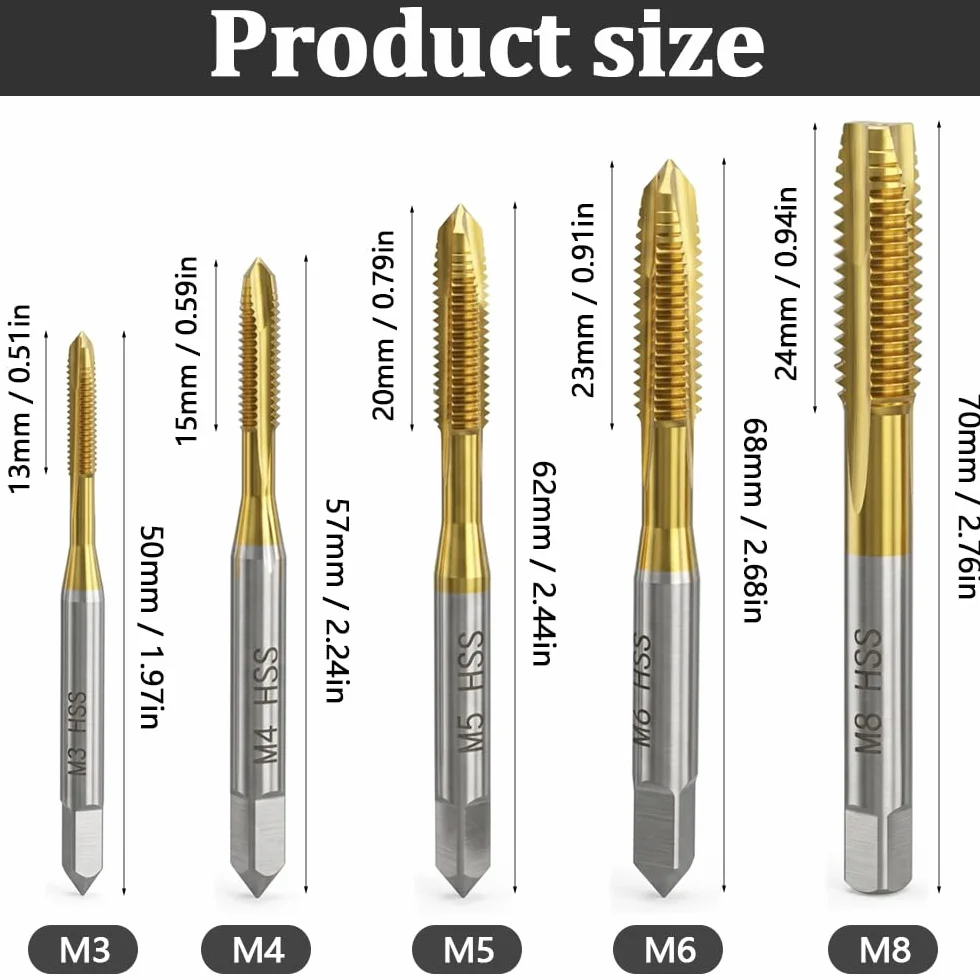 Maschi per Filettatura M3-M8 Titanio Rivestito HSS Strumenti per Maschiatura, 5 Pezzi