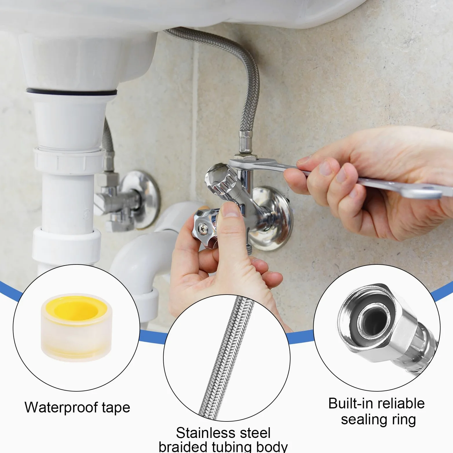 Tubo flessibile 3/8, 4 pezzi, tubo corazzato da 3/8 pollici, filettatura interna dell'acqua, prolunga 30 cm, 20 cm, tubo flessibile in acciaio inox, per rubinetto, bagno e WC