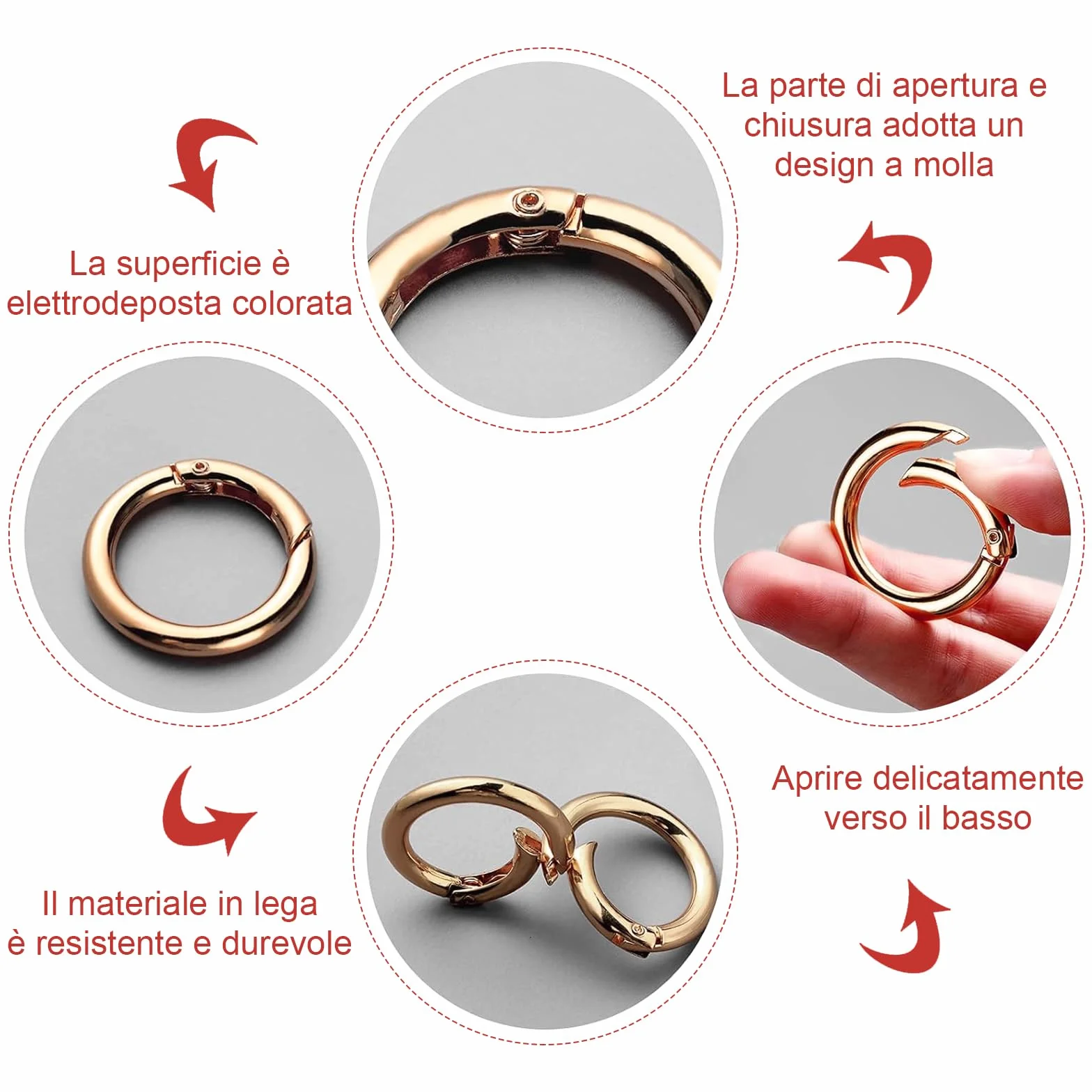 Moschettoni Rotondi 28mm per Borse Uncinetto 32 Pezzi Argento Oro