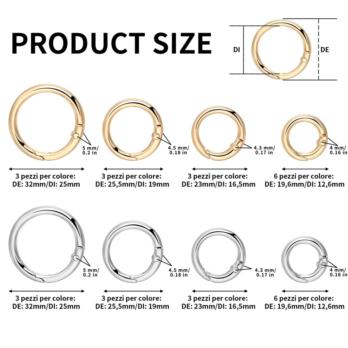 30 Pz Scatto Molla Rotonda Multi-misura, Moschettoni per Borse a Innesco Gancio, Accessori Anelli per Borse Uncinetto, Anello Portachiavi a Molla per Zaini Bagagli Cinghie Artigianato, Oro/Argento