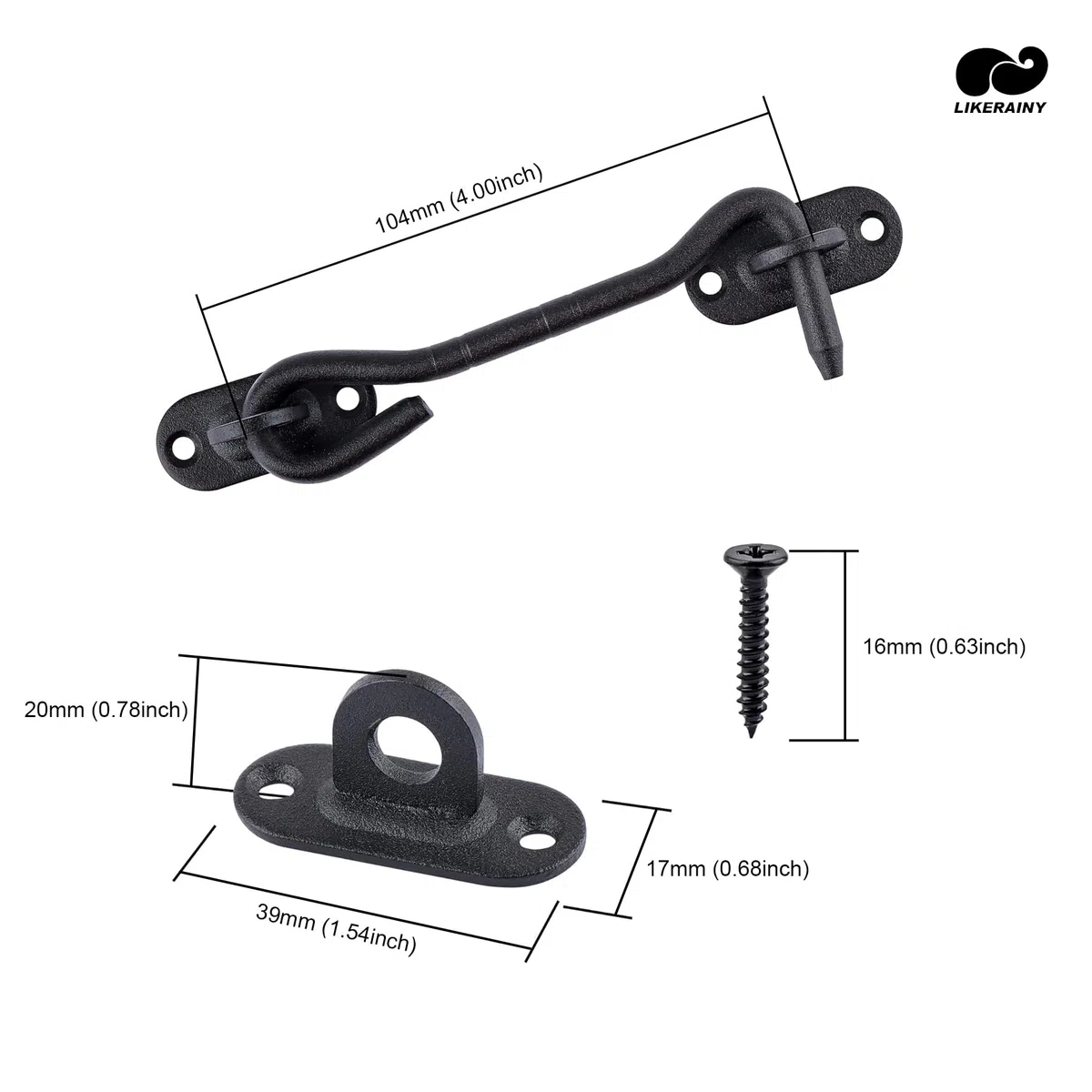 LIKERAINY Gancio per Cabina in Acciaio Inox 104 mm Serratura per Cancello Chiavistello Serratura della Porta Armadietto Finestra Capannone Giardino Recinzione Nero Confezione da 2 pezzi